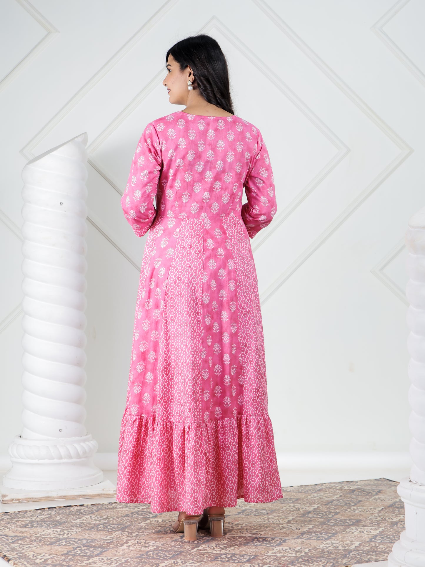 Embroidered Soft Cotton Floral Anarkali Pink Kurta