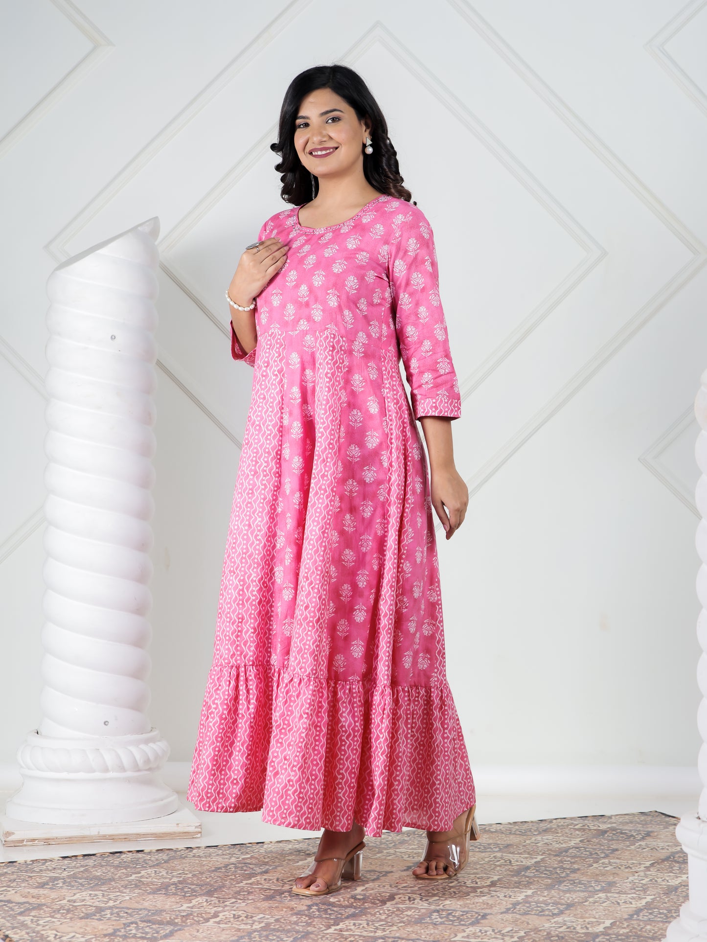 Embroidered Soft Cotton Floral Anarkali Pink Kurta