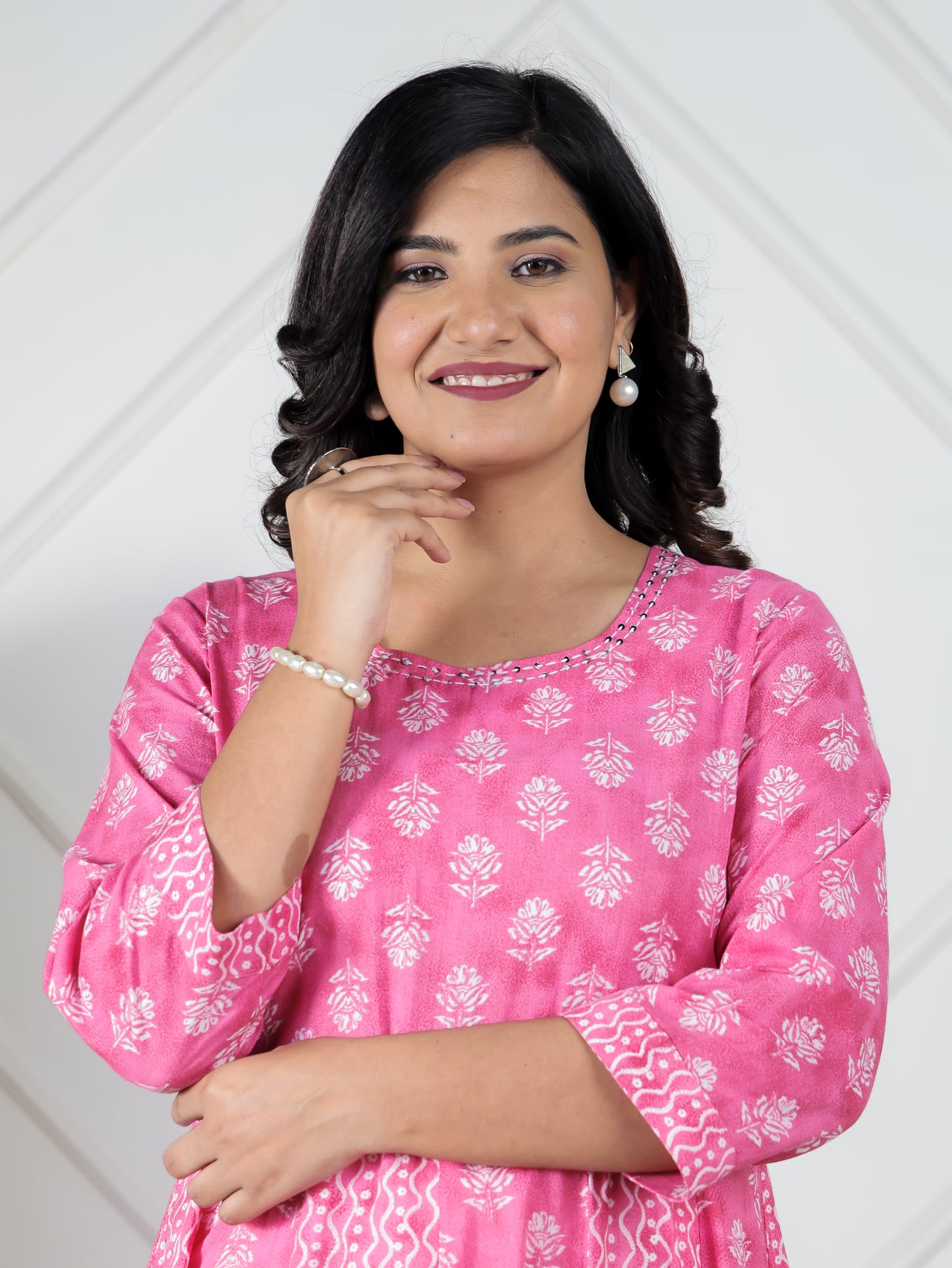 Embroidered Soft Cotton Floral Anarkali Pink Kurta