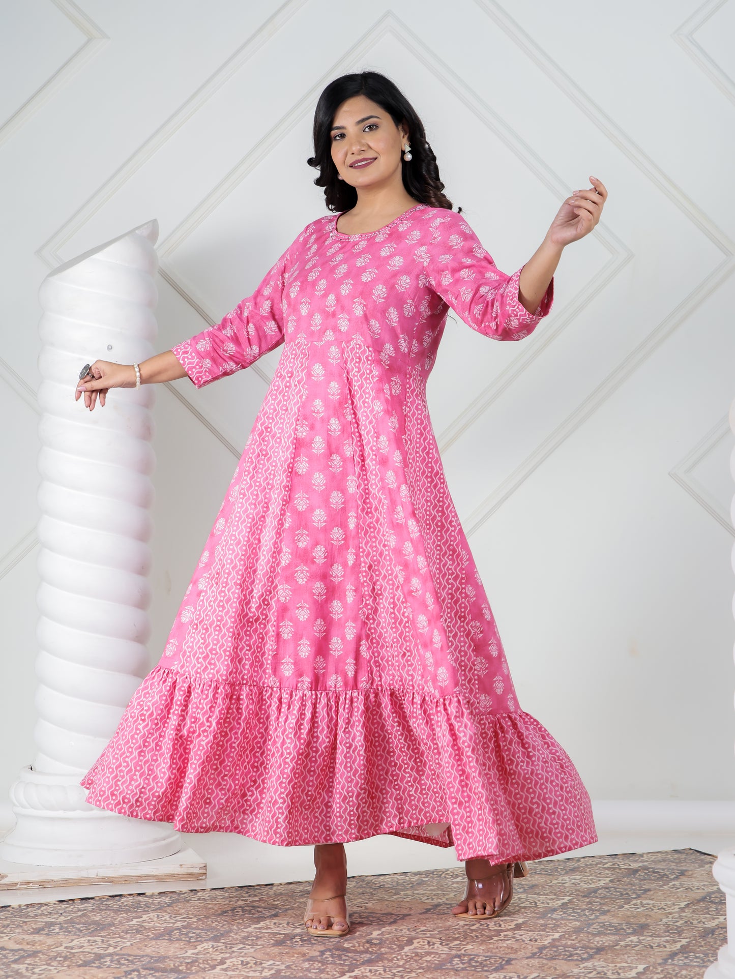 Embroidered Soft Cotton Floral Anarkali Pink Kurta