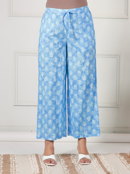 Soft Cotton Floral Blue Flared Trousers
