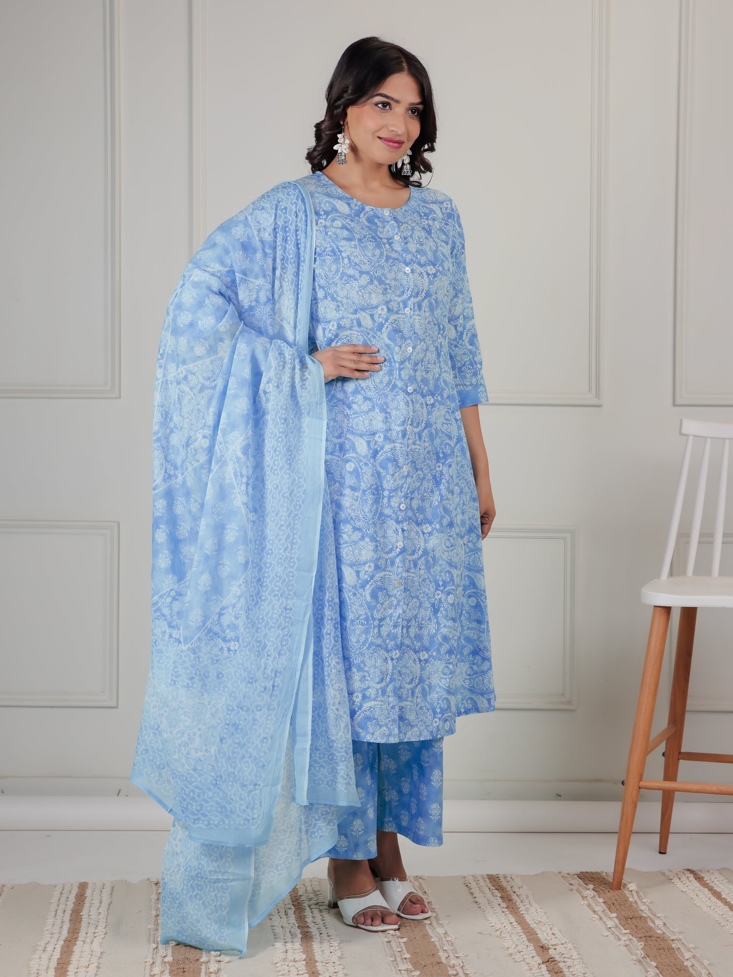 Cotton Voile Paisley Blue Dupatta