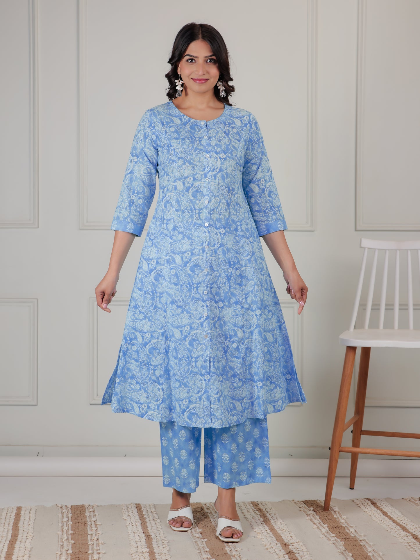 Soft Cotton Paisley A-line Blue Kurta