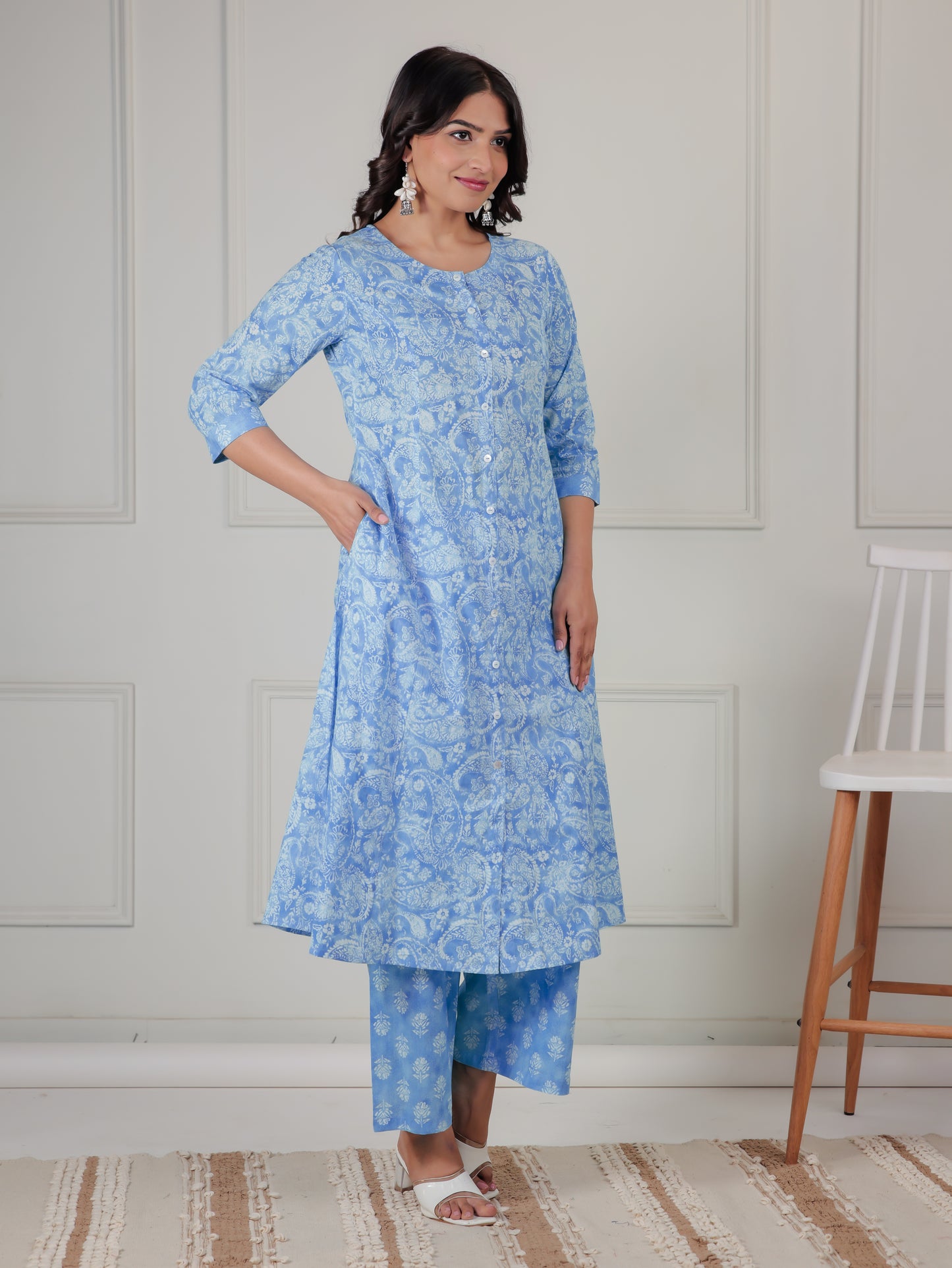Soft Cotton Paisley A-line Blue Kurta