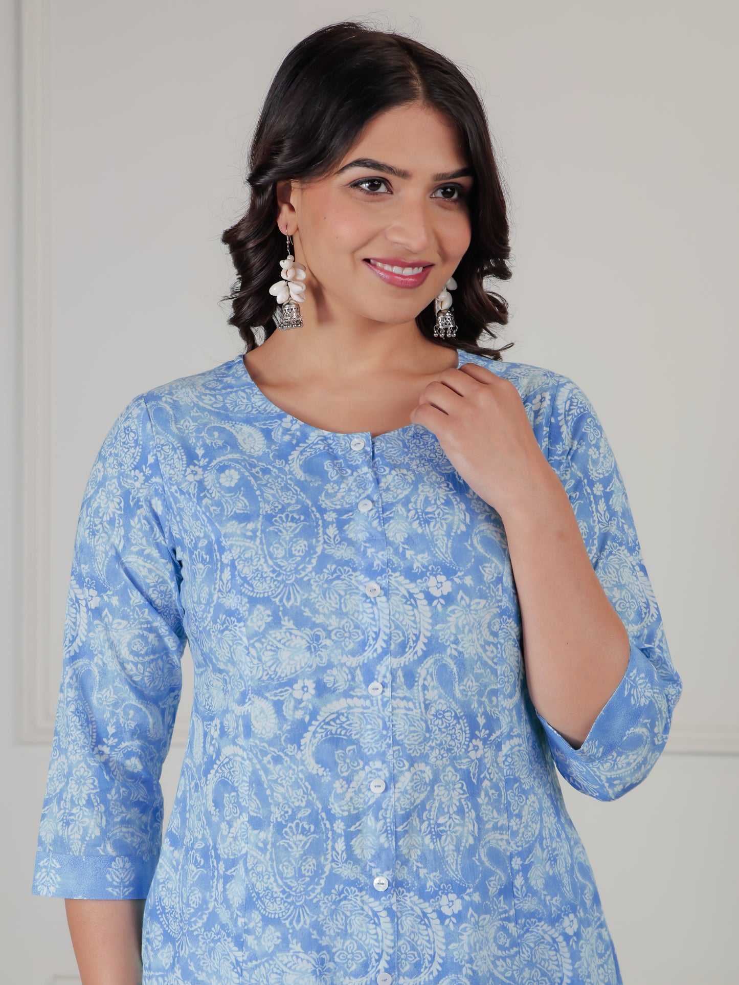 Soft Cotton Paisley A-line Blue Kurta