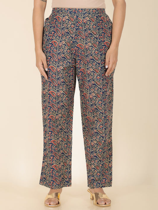Soft Cotton Floral Blue Straight Trousers