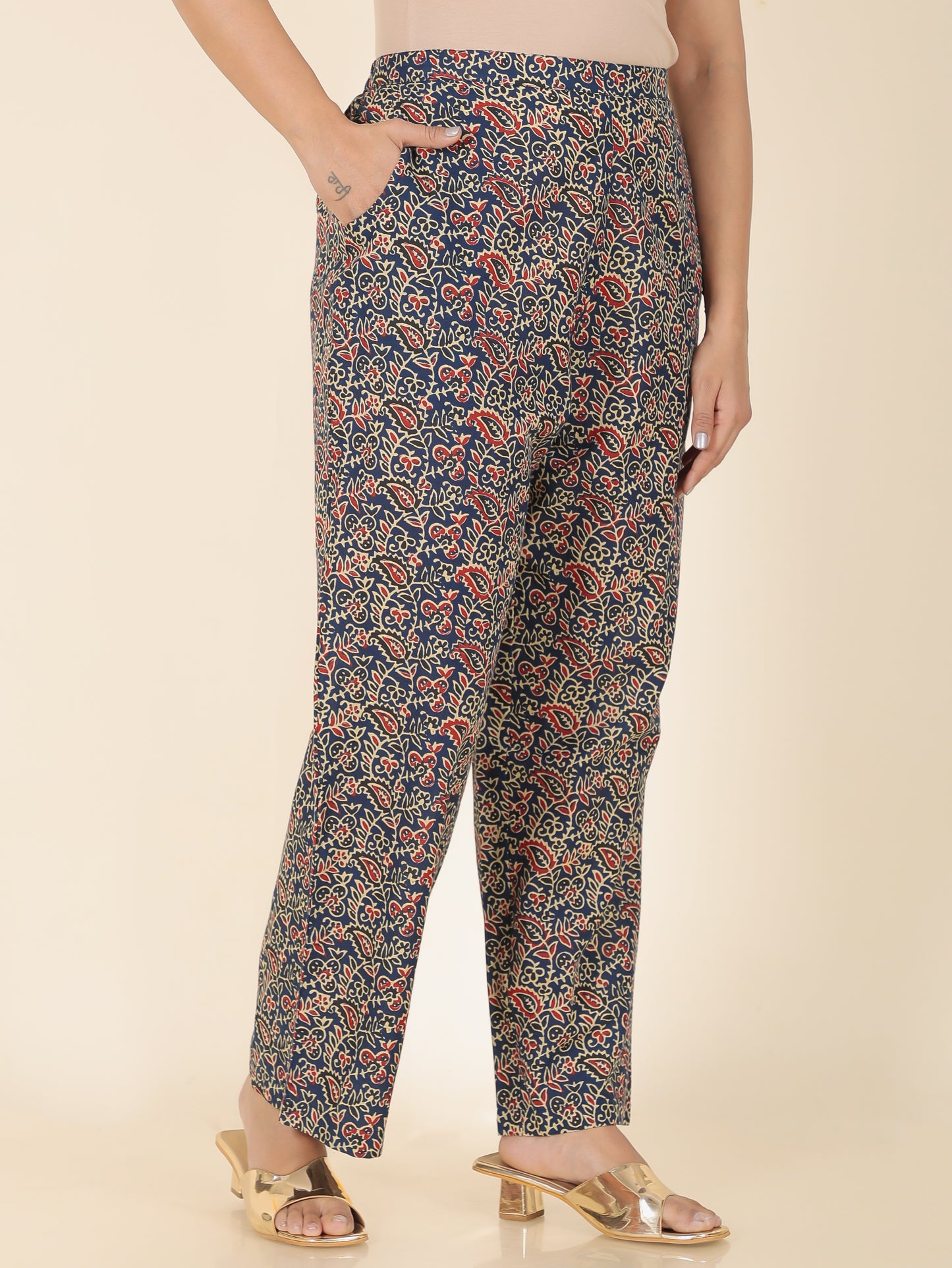 Soft Cotton Floral Blue Straight Trousers