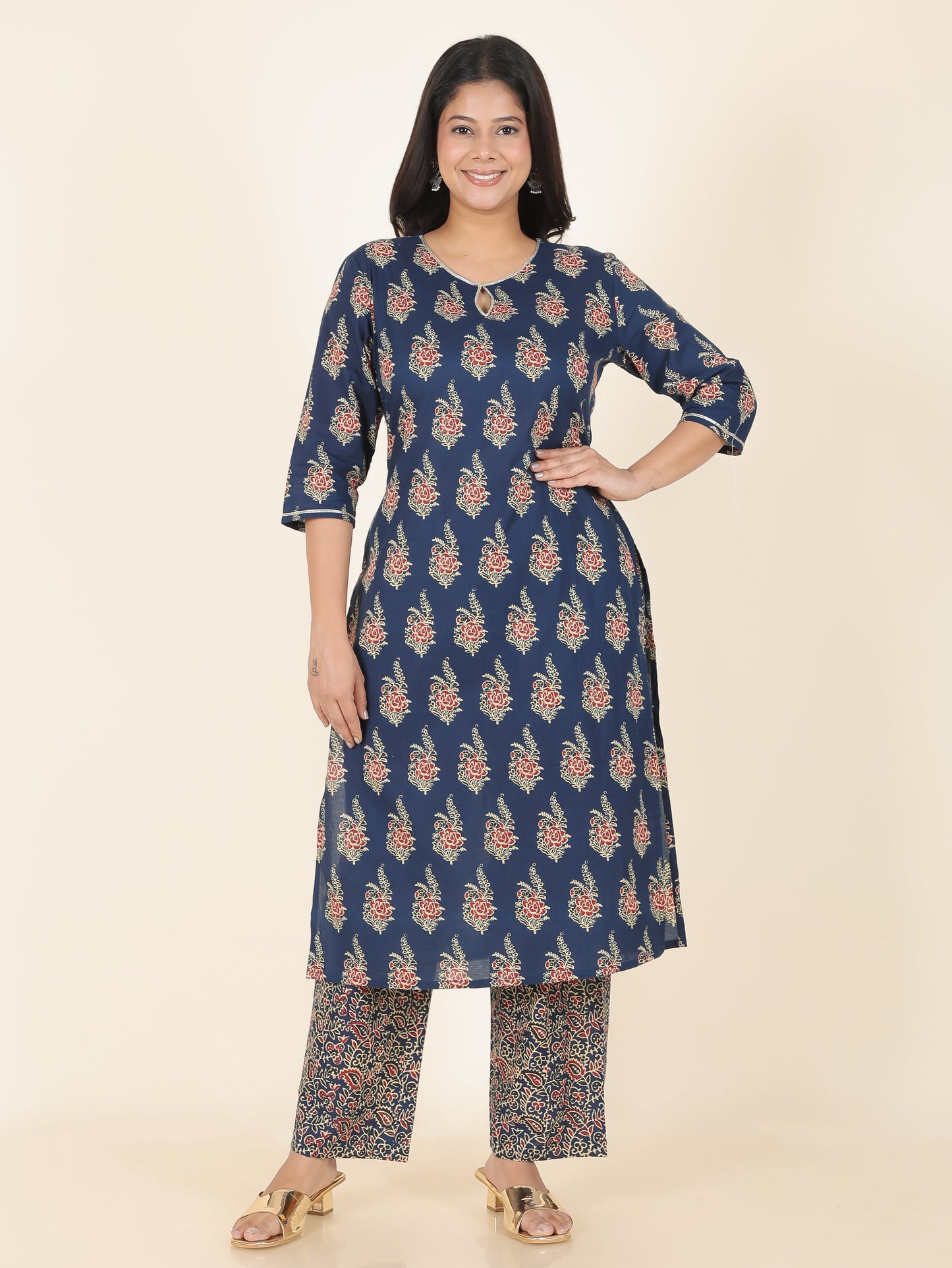 Soft Cotton Floral Straight Blue Kurta