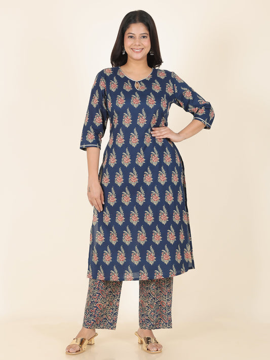 Soft Cotton Floral Straight Blue Kurta