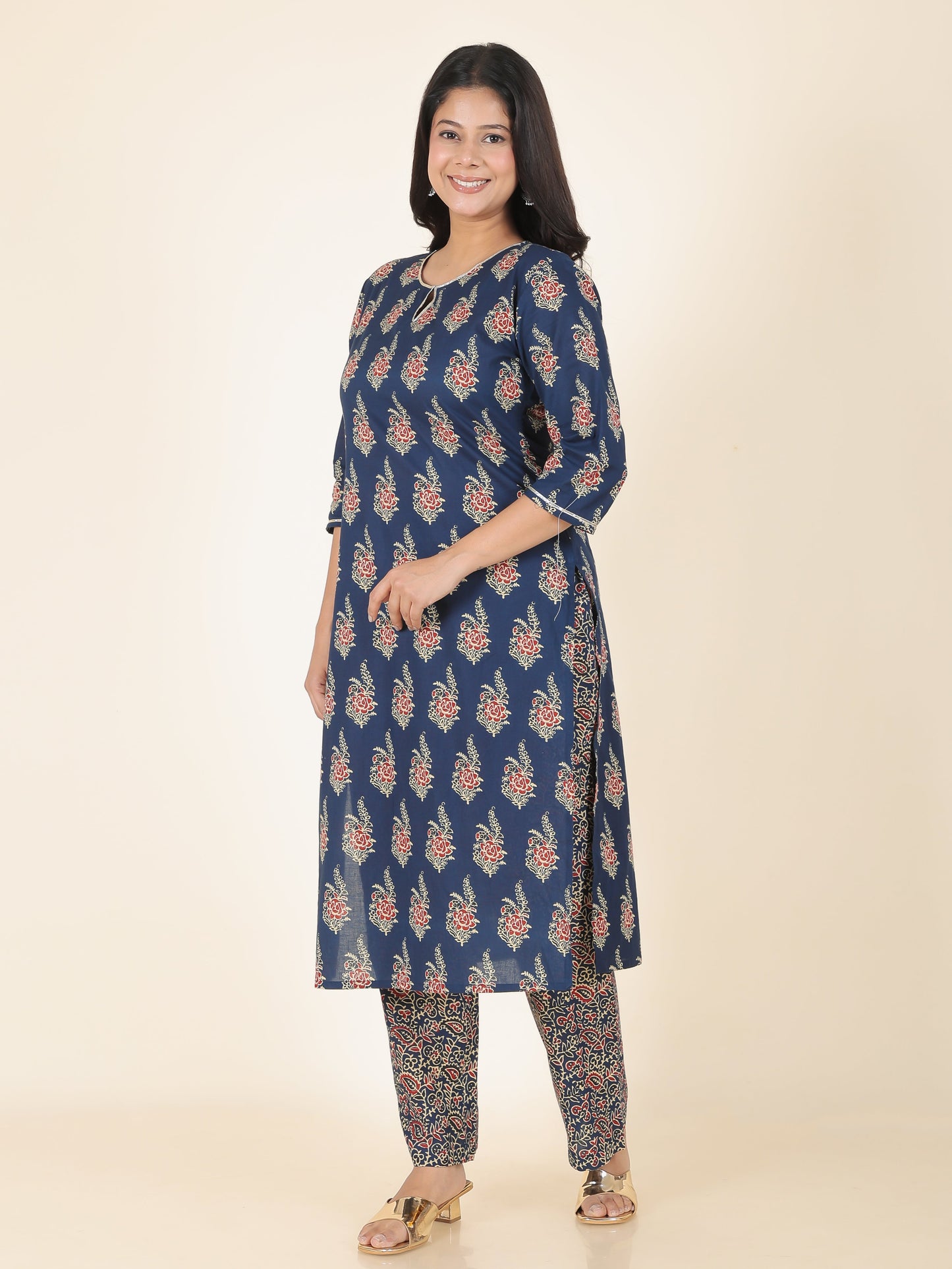 Soft Cotton Floral Straight Blue Kurta