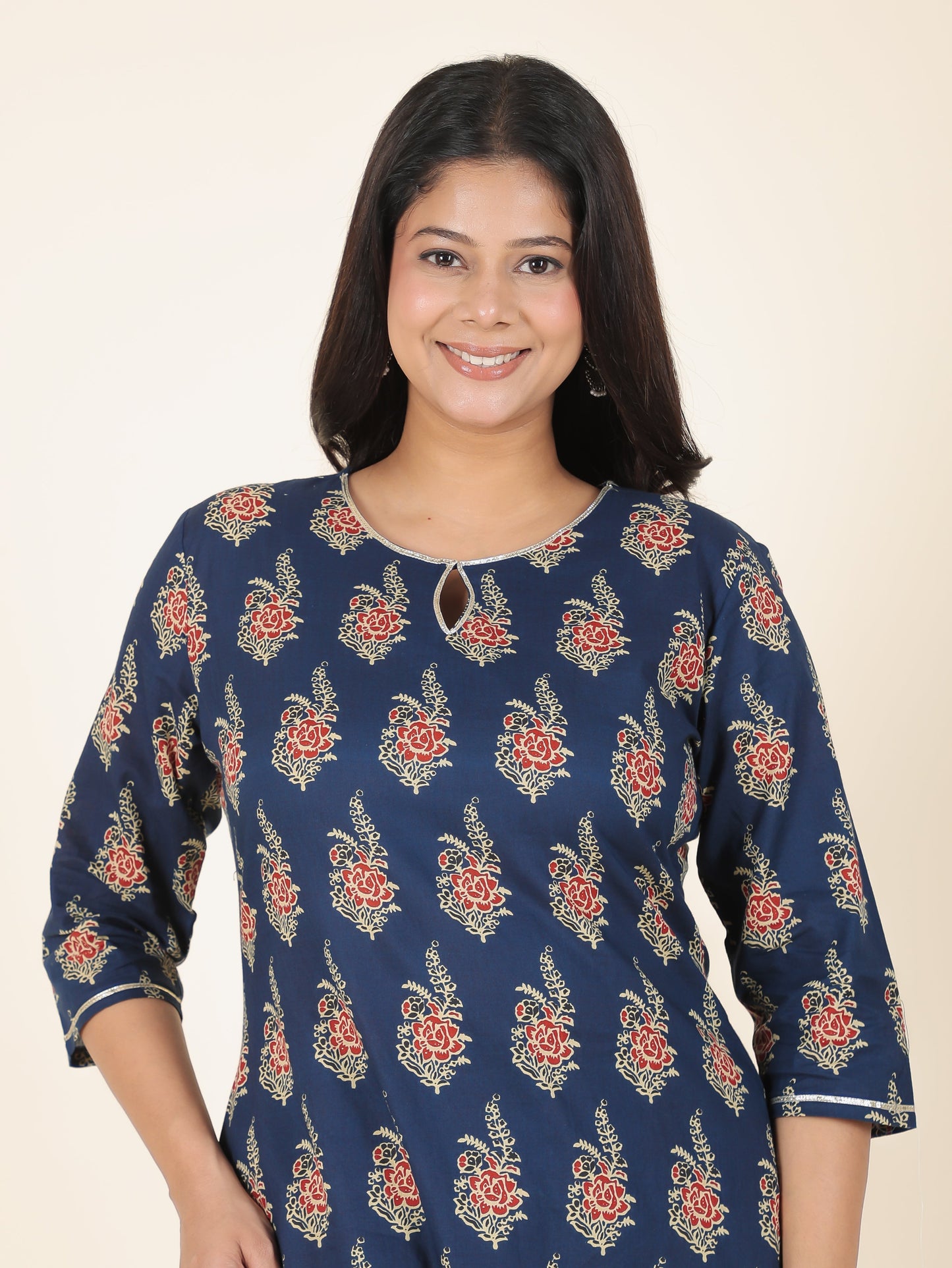 Soft Cotton Floral Straight Blue Kurta