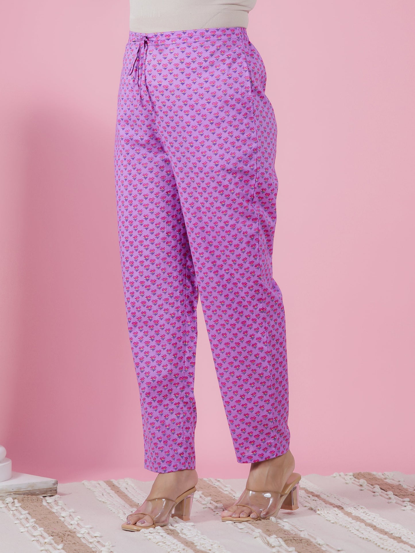 Soft Cotton Floral Purple Tapered Trousers