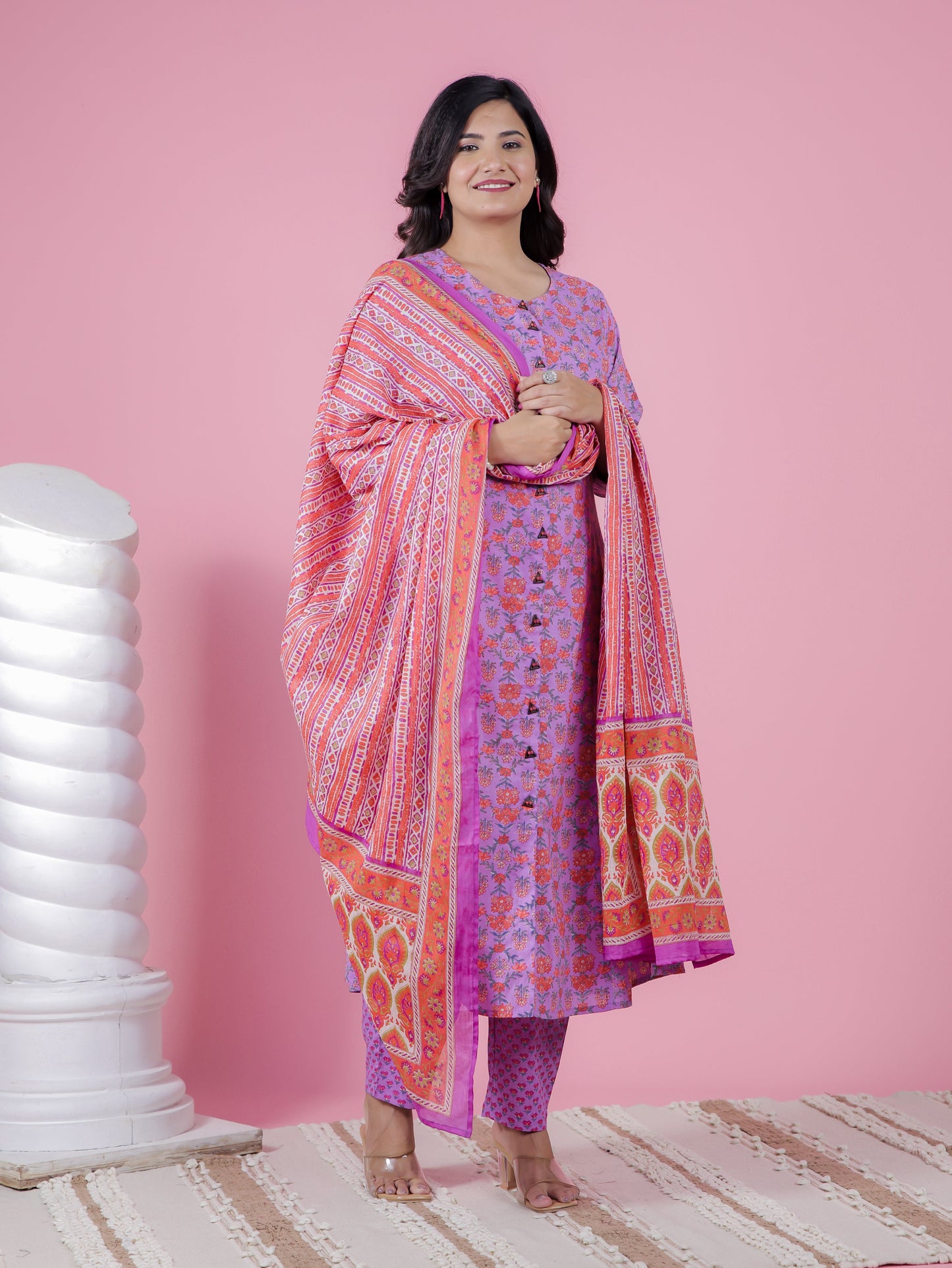 Soft Cotton Floral A-line Purple Kurta