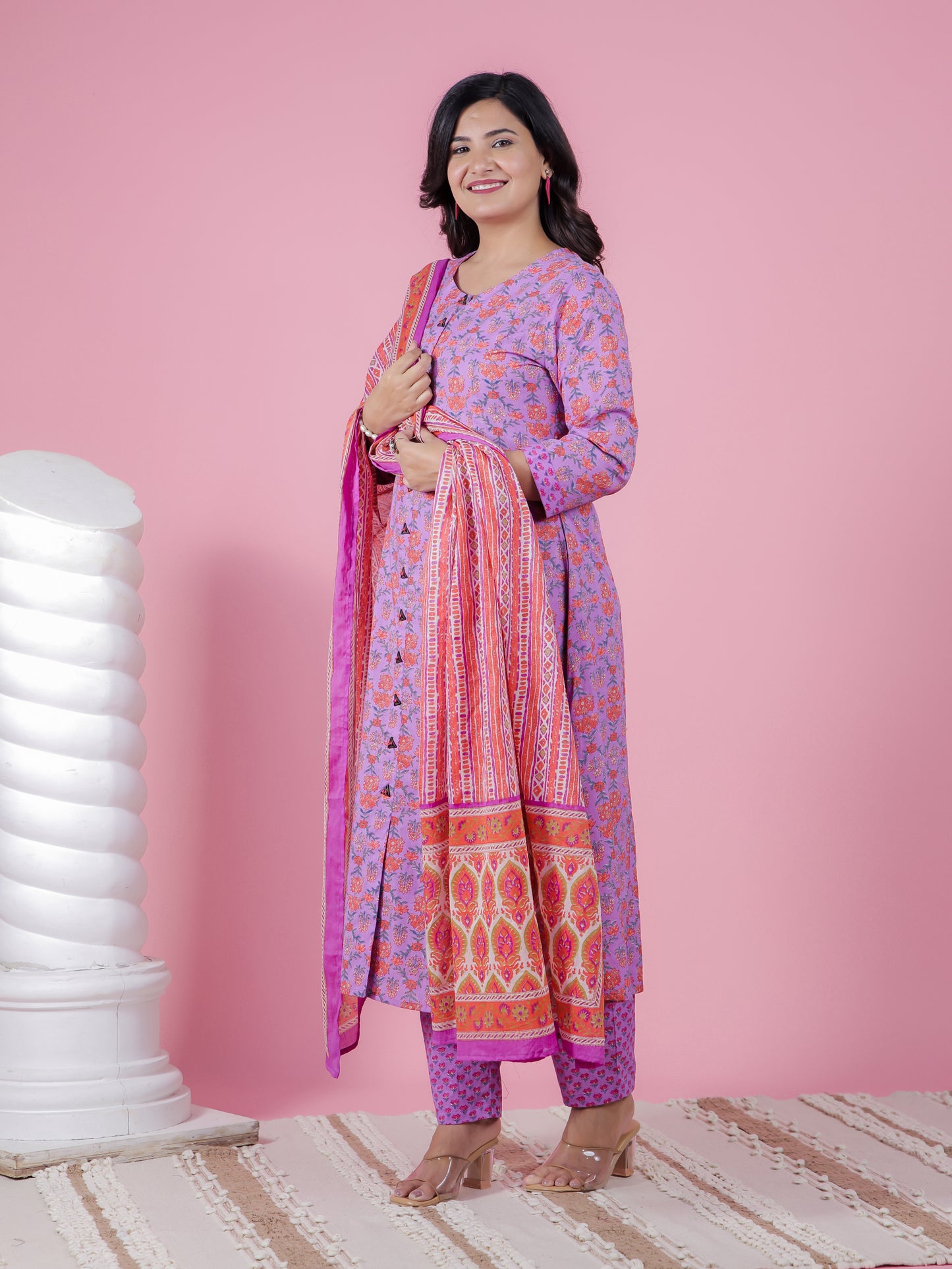Soft Cotton Floral A-line Purple Kurta