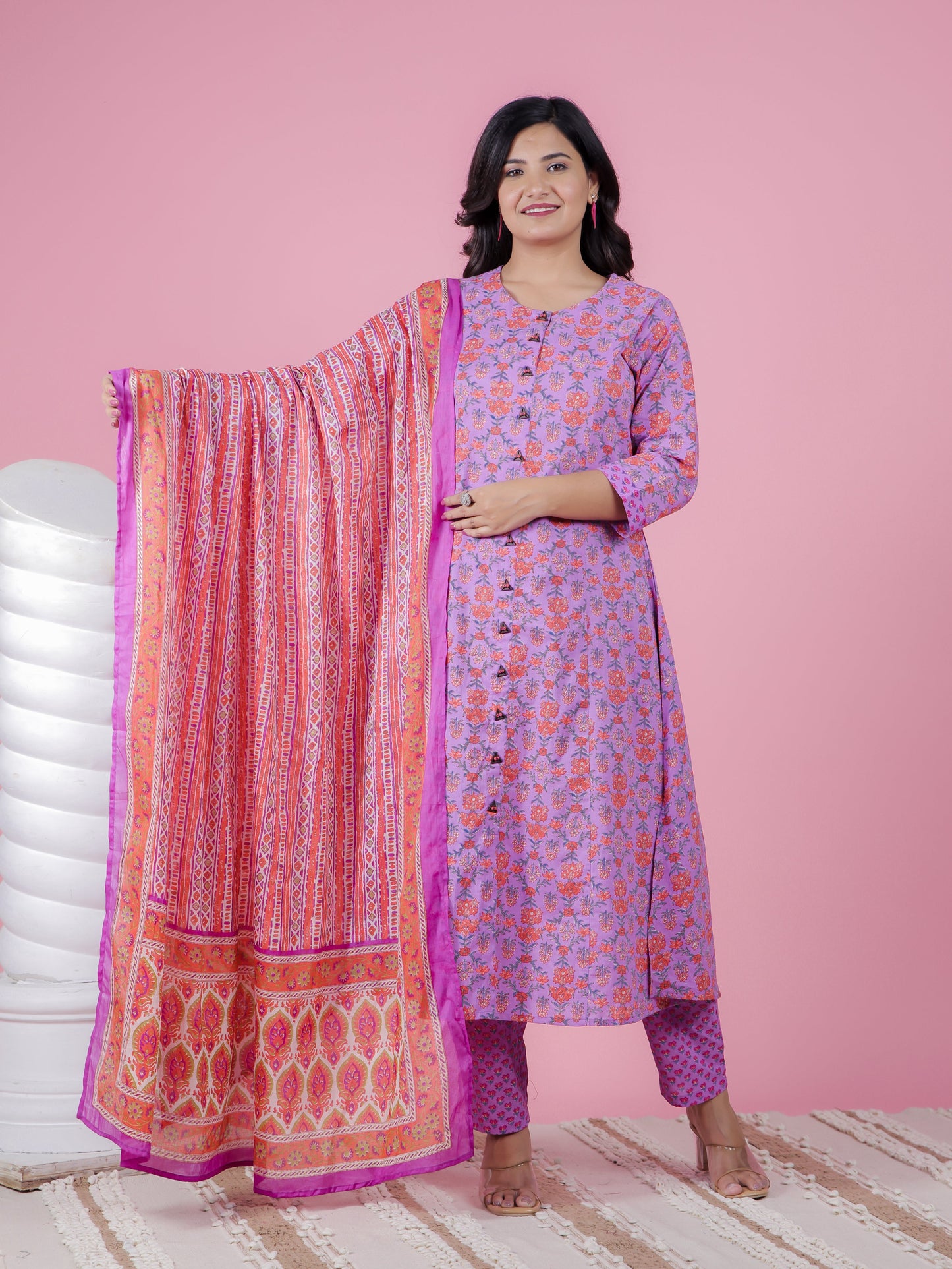 Soft Cotton Floral A-line Purple Kurta