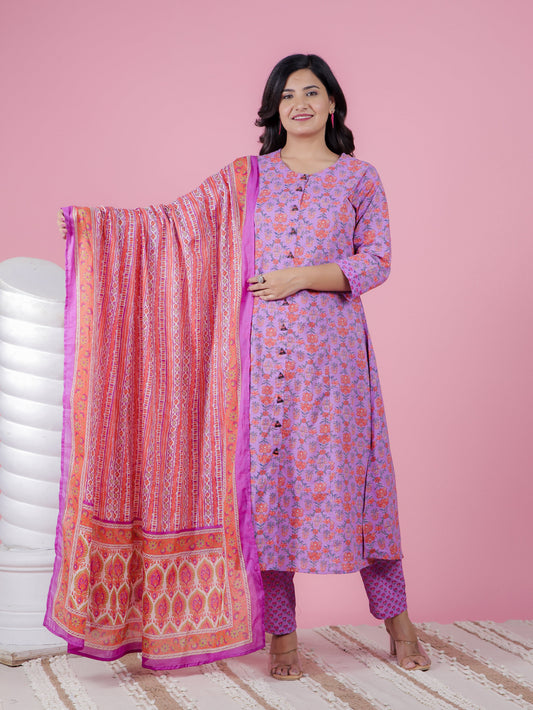 Soft Cotton Floral A-line Purple Kurta