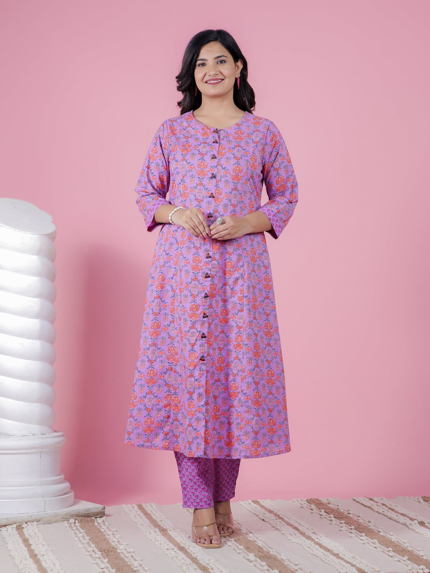Soft Cotton Floral A-line Purple Kurta