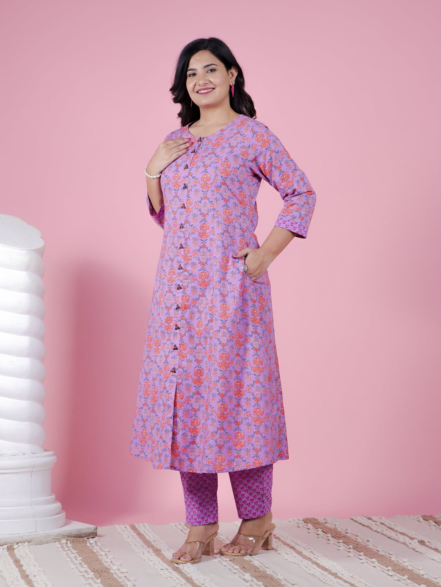 Soft Cotton Floral A-line Purple Kurta