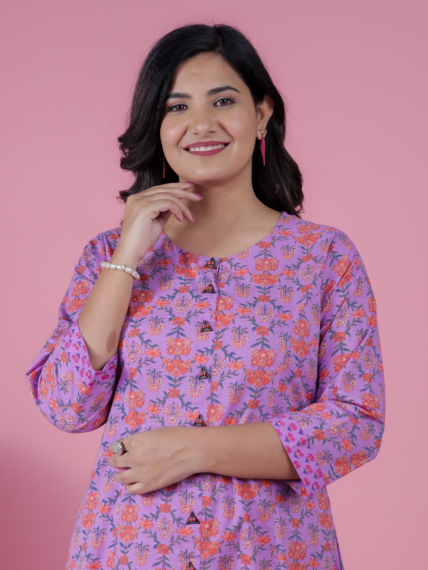 Soft Cotton Floral A-line Purple Kurta