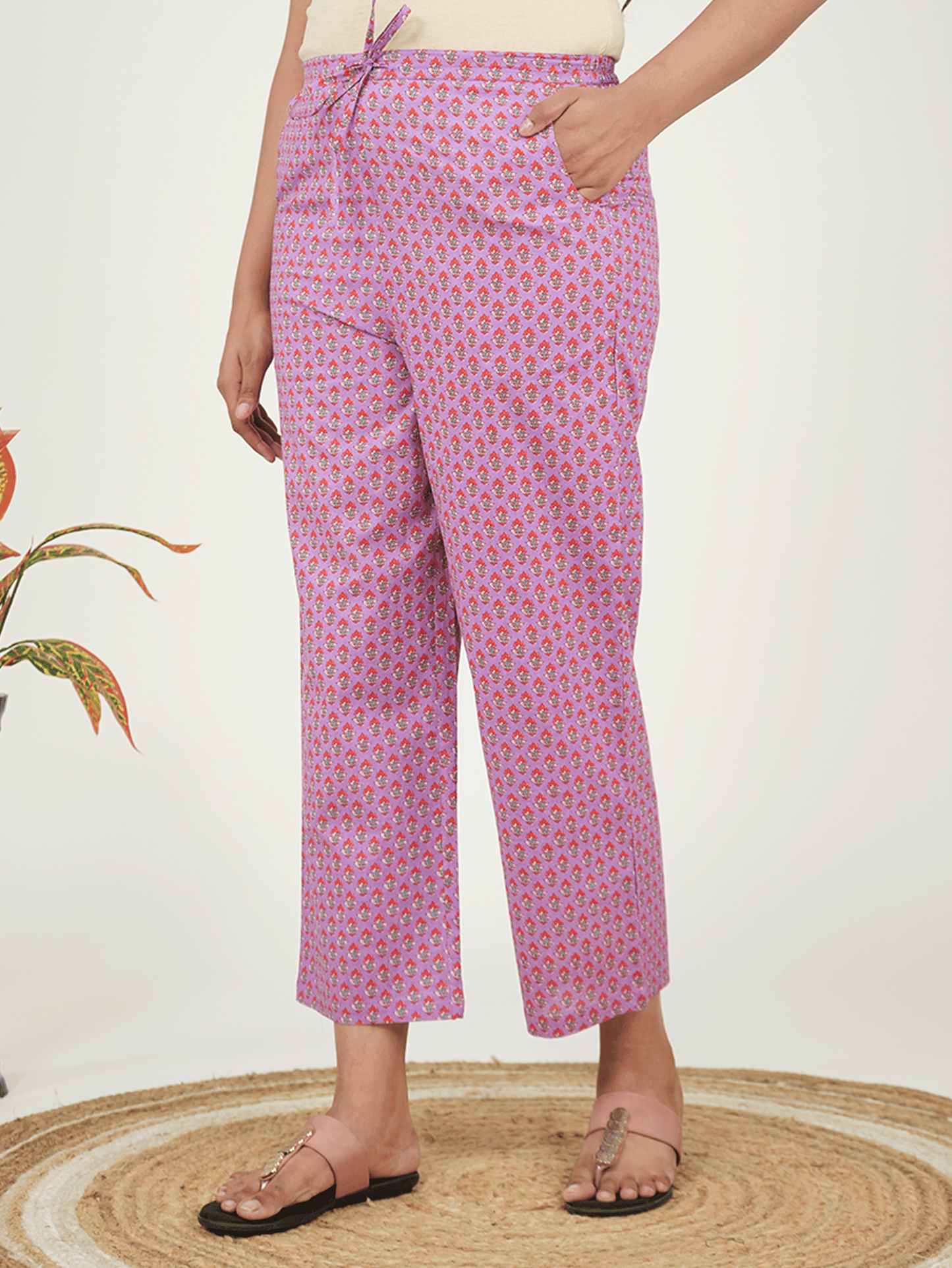 Soft Cotton Butti Purple Straight Trousers