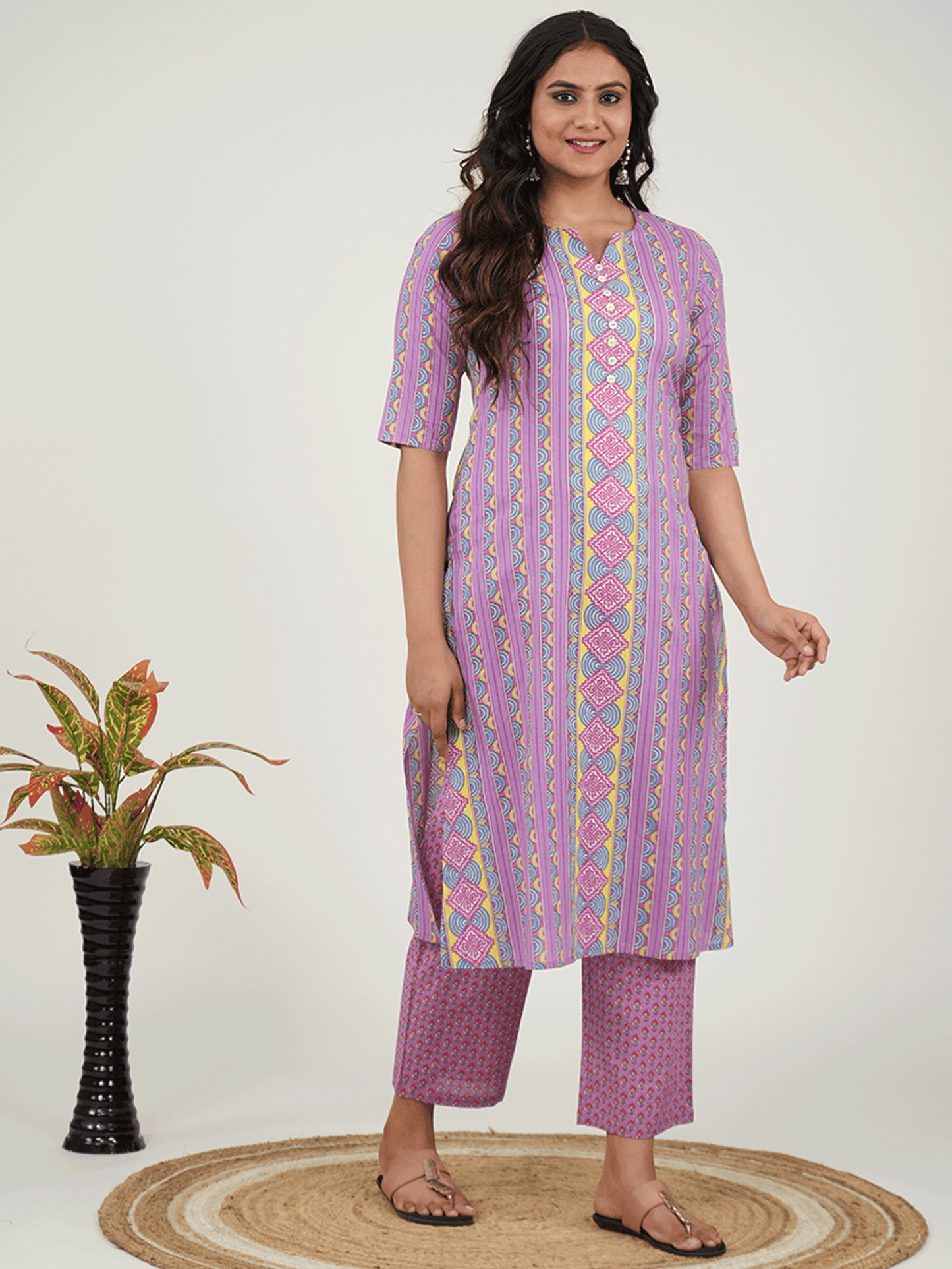 Soft Cotton Geometric A-line Purple Kurta