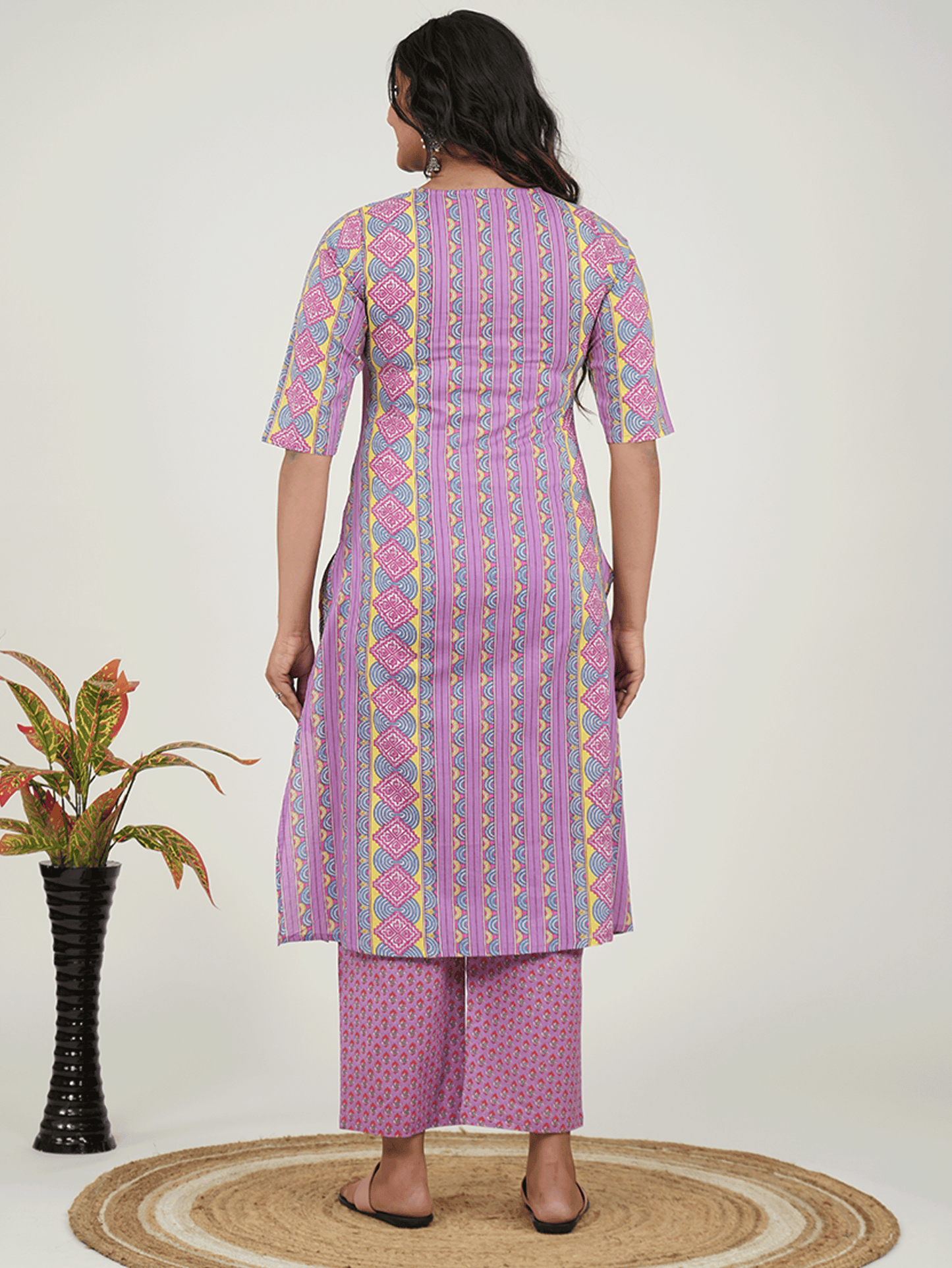 Soft Cotton Geometric A-line Purple Kurta