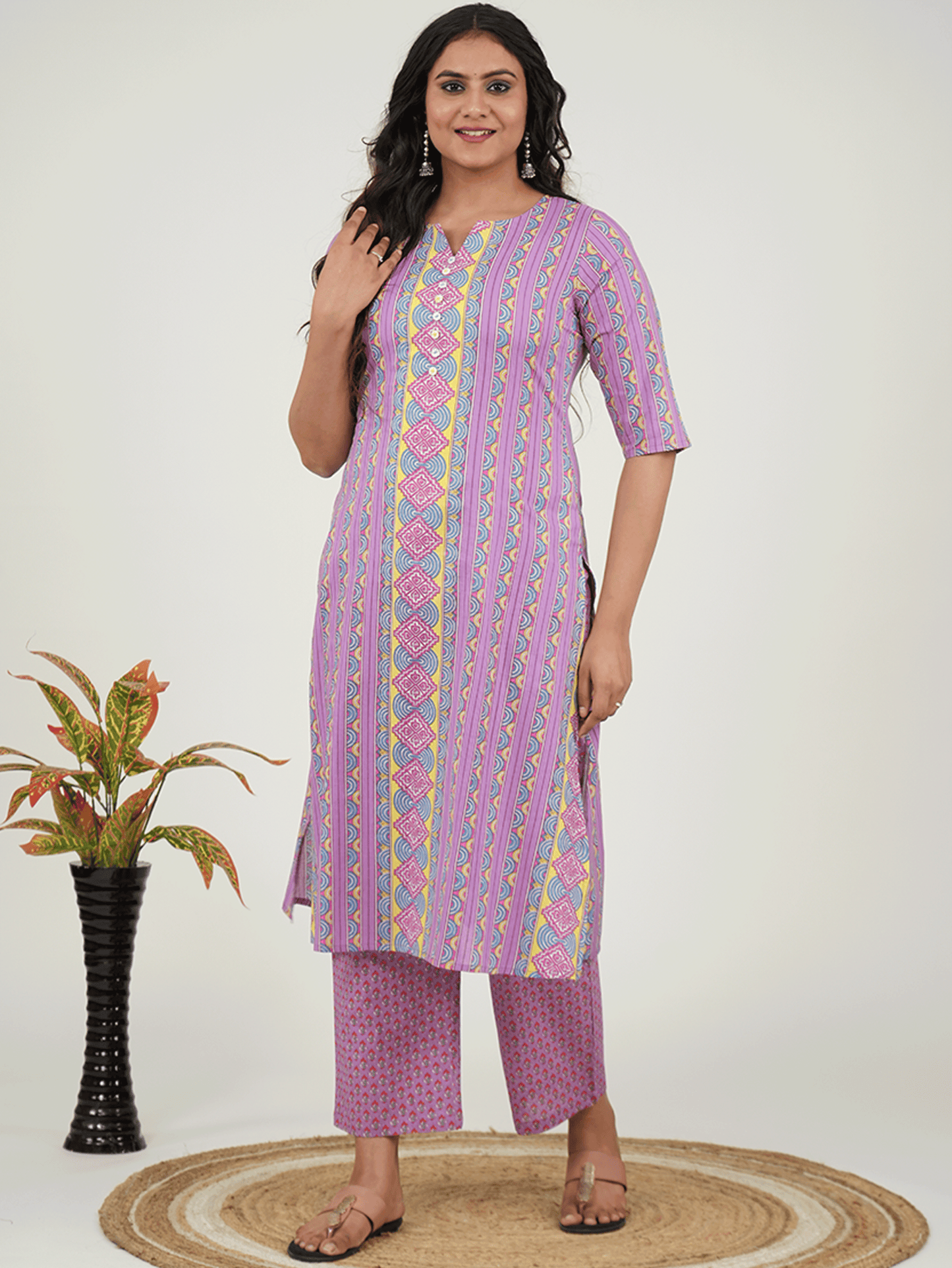 Soft Cotton Geometric A-line Purple Kurta