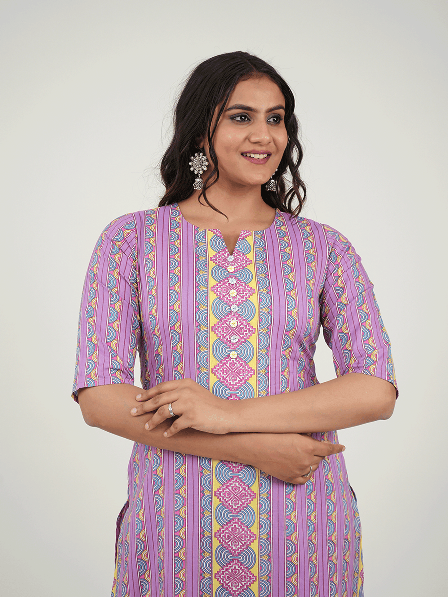 Soft Cotton Geometric A-line Purple Kurta