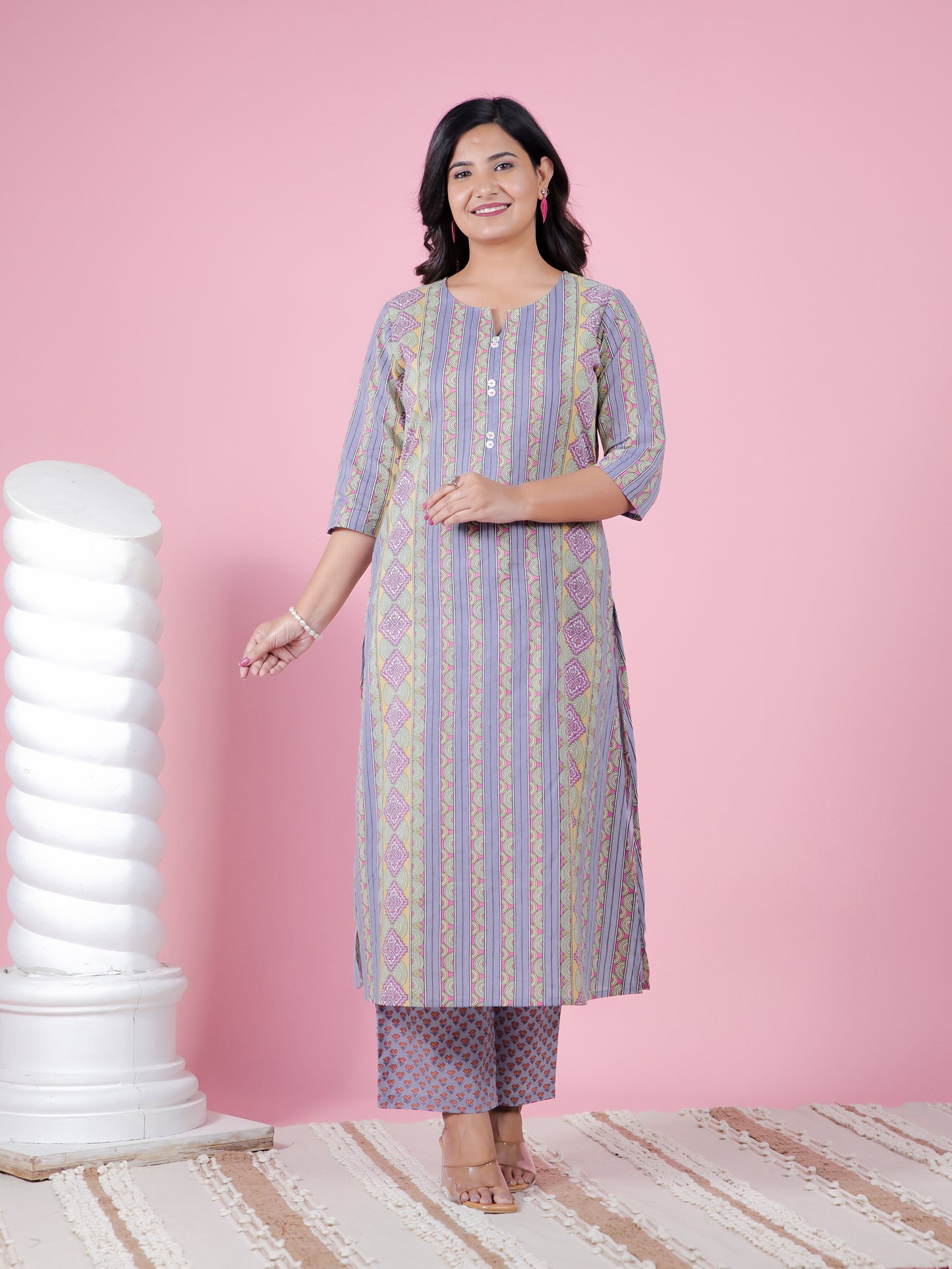 Soft Cotton Striped A-line Blue Kurta
