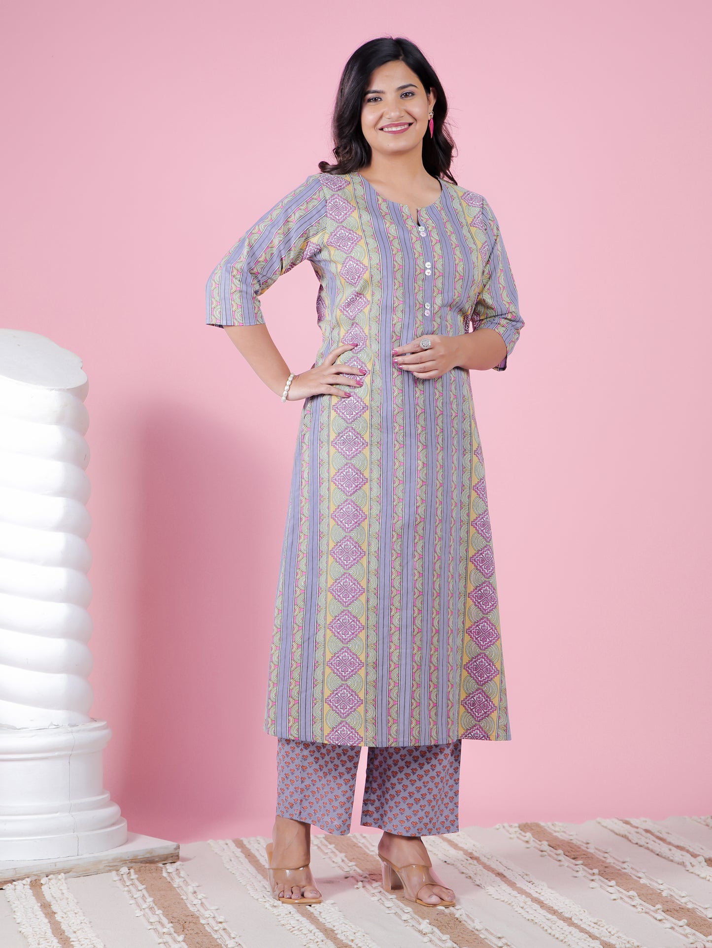Soft Cotton Striped A-line Blue Kurta
