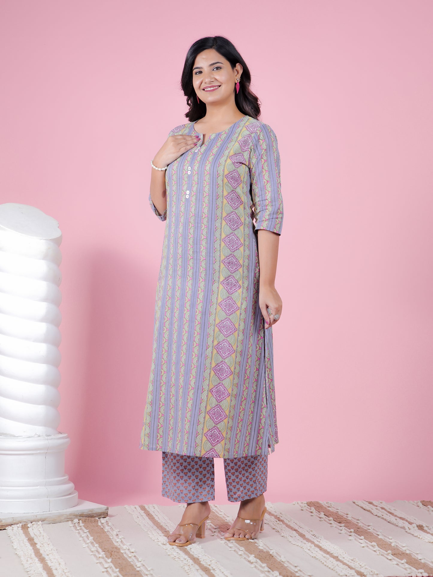Soft Cotton Striped A-line Blue Kurta
