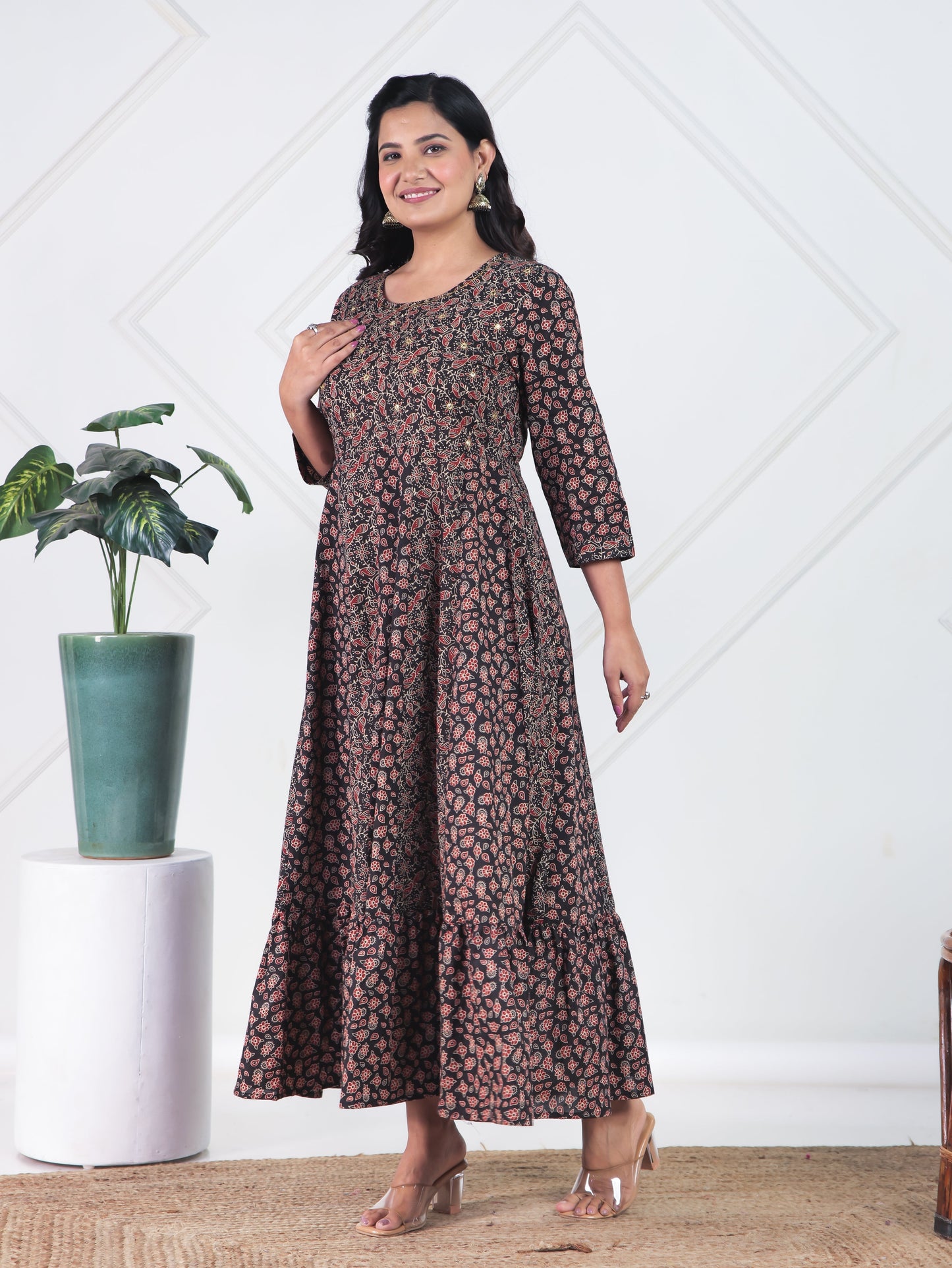Embroidered Soft Cotton Ajrakh Anarkali Black Dress