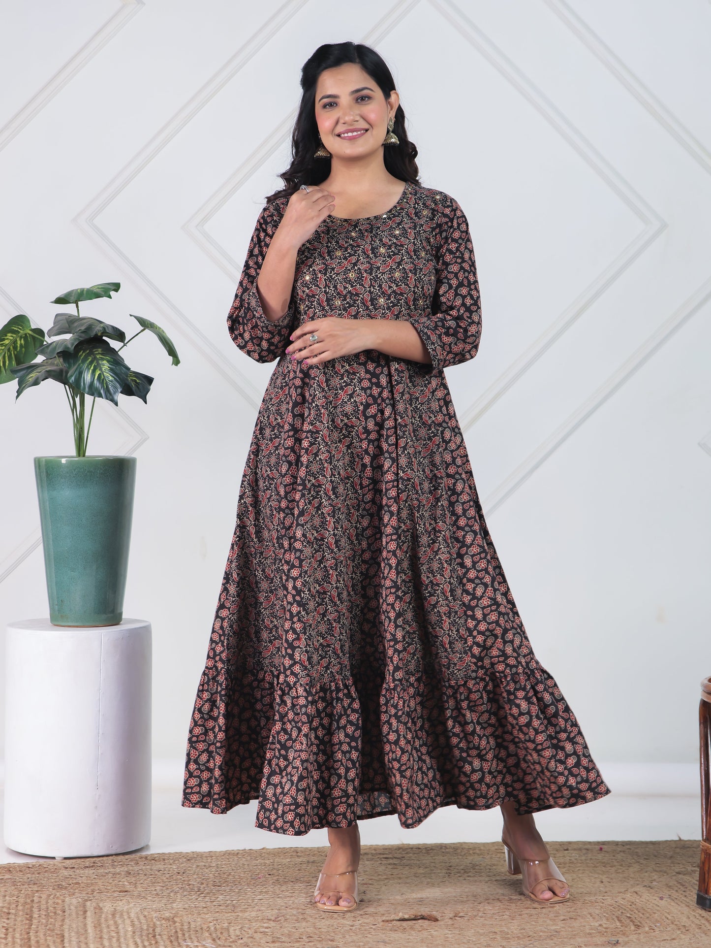 Embroidered Soft Cotton Ajrakh Anarkali Black Dress