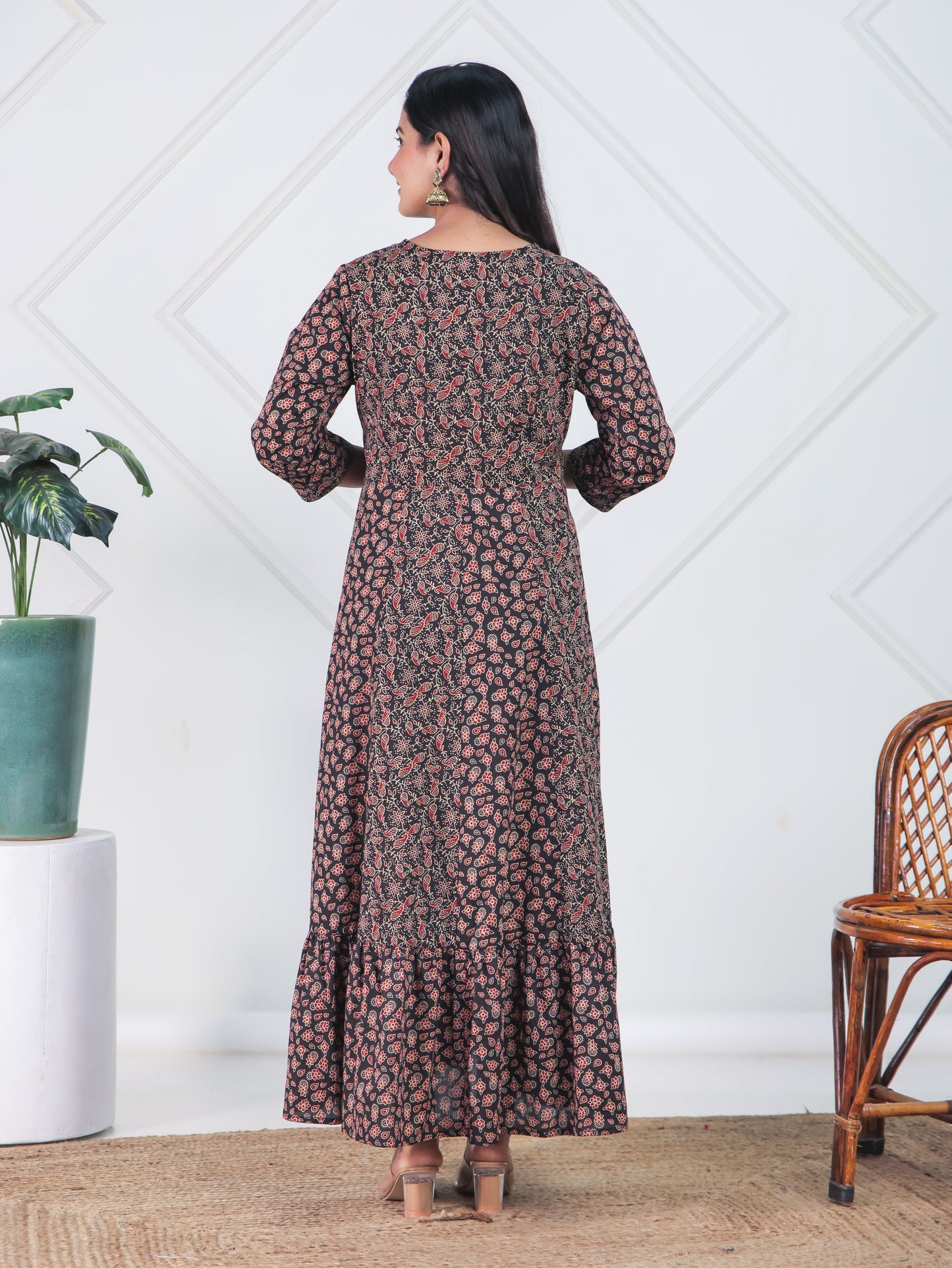 Embroidered Soft Cotton Ajrakh Anarkali Black Dress