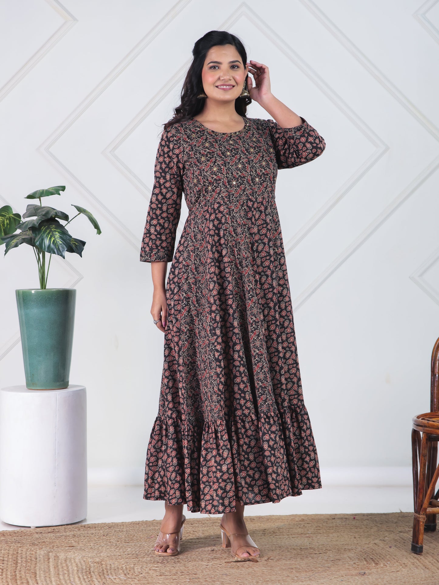 Embroidered Soft Cotton Ajrakh Anarkali Black Dress