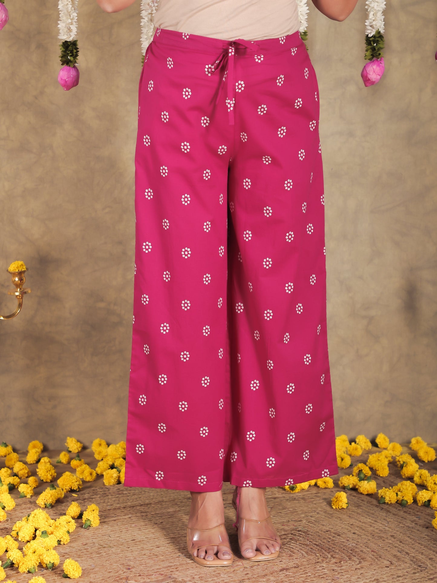 Soft Cotton Bandhani Pink Flared Trousers