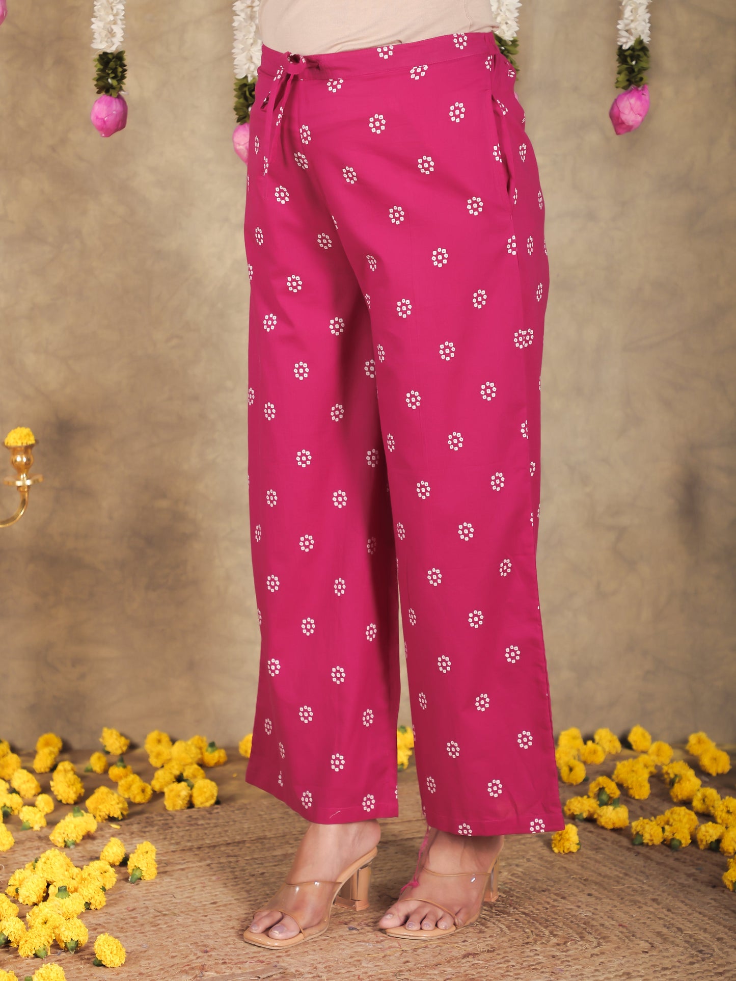 Soft Cotton Bandhani Pink Flared Trousers