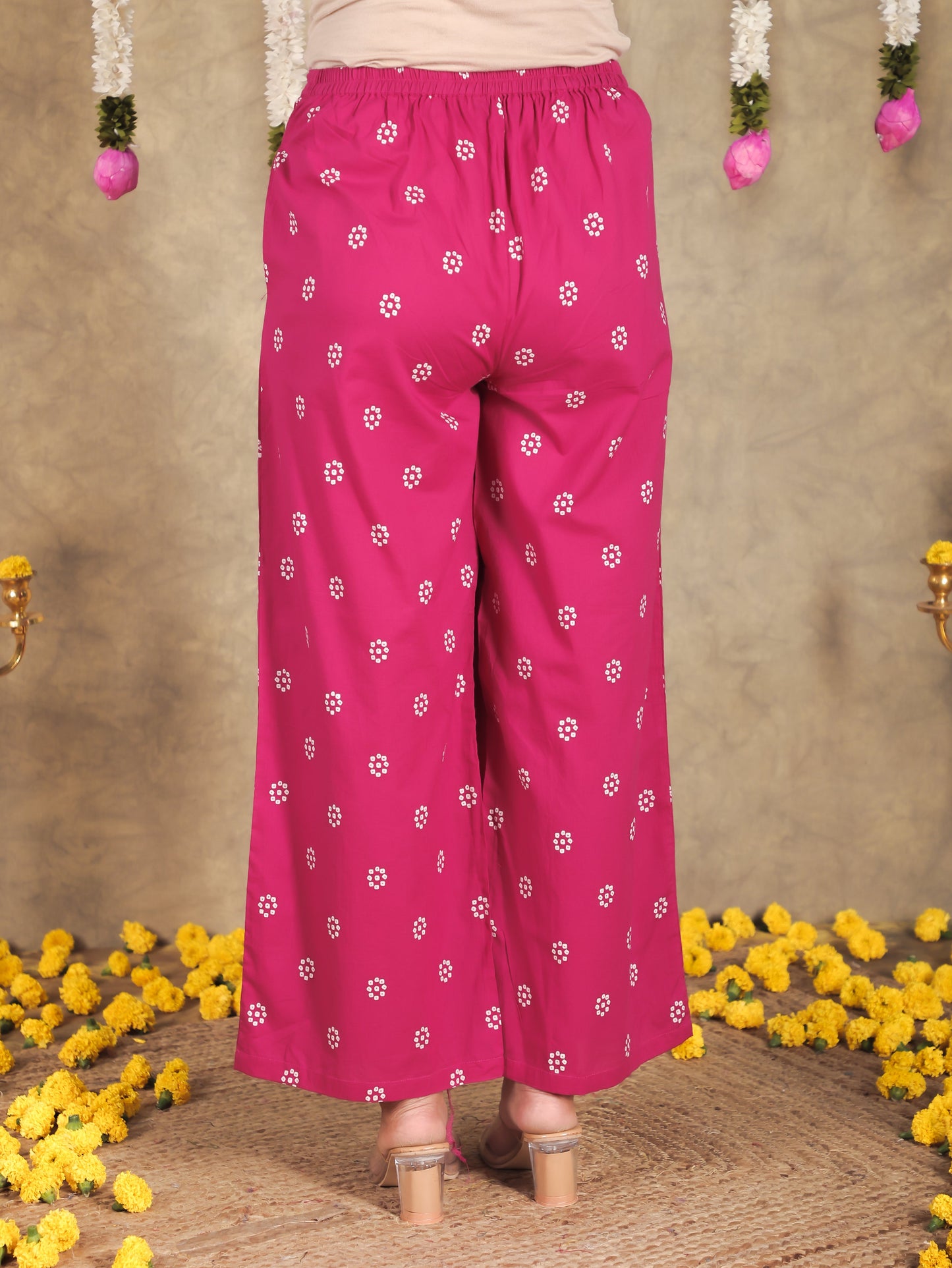 Soft Cotton Bandhani Pink Flared Trousers