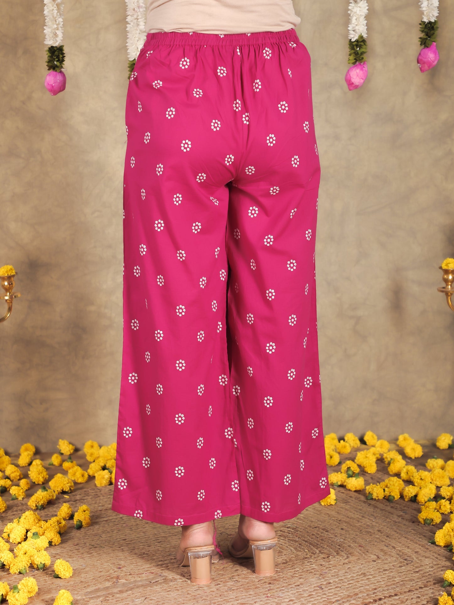 Soft Cotton Bandhani Pink Flared Trousers