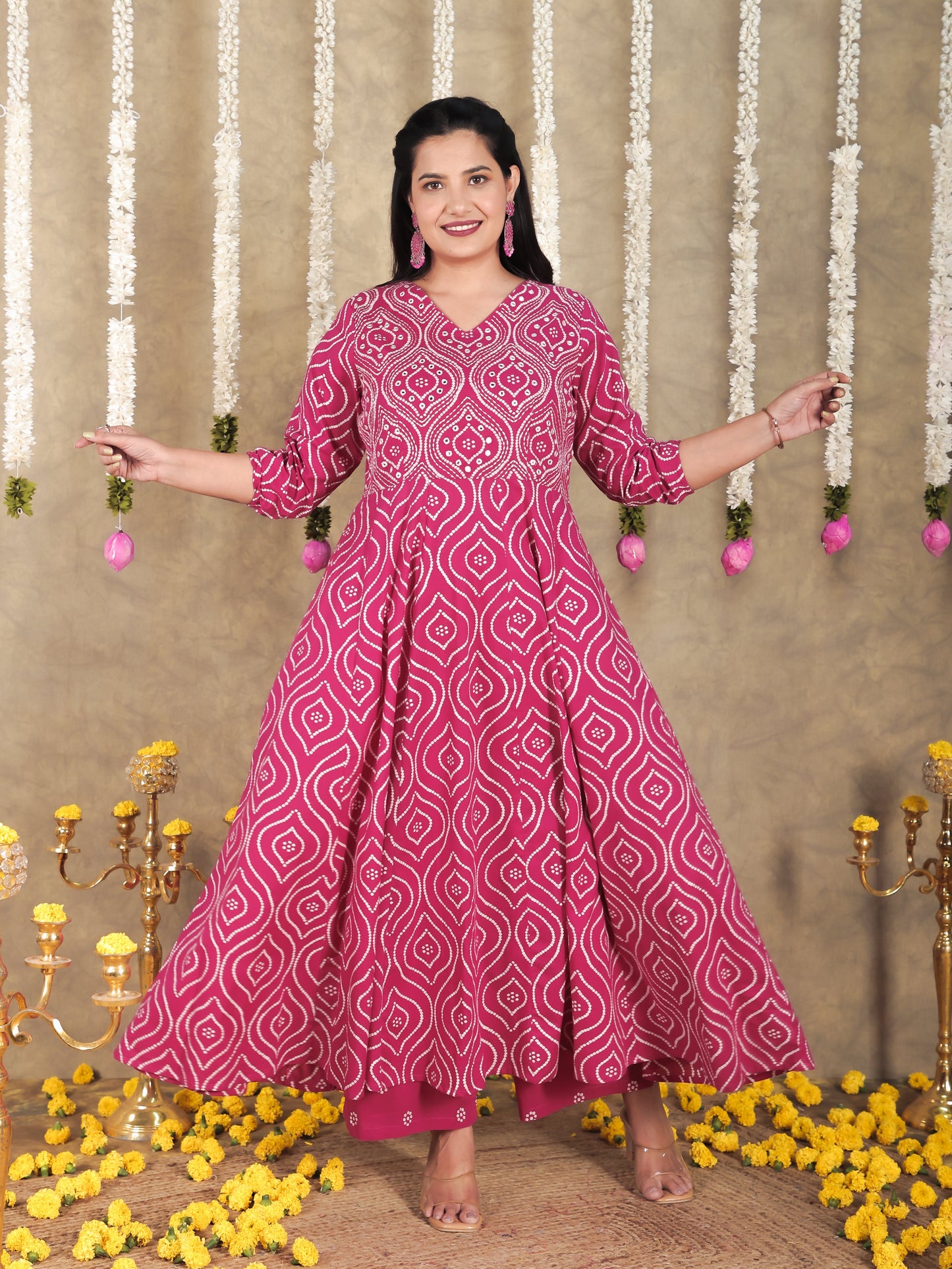 Embroidered Soft Cotton Bandhani Angrakha Pink Kurta
