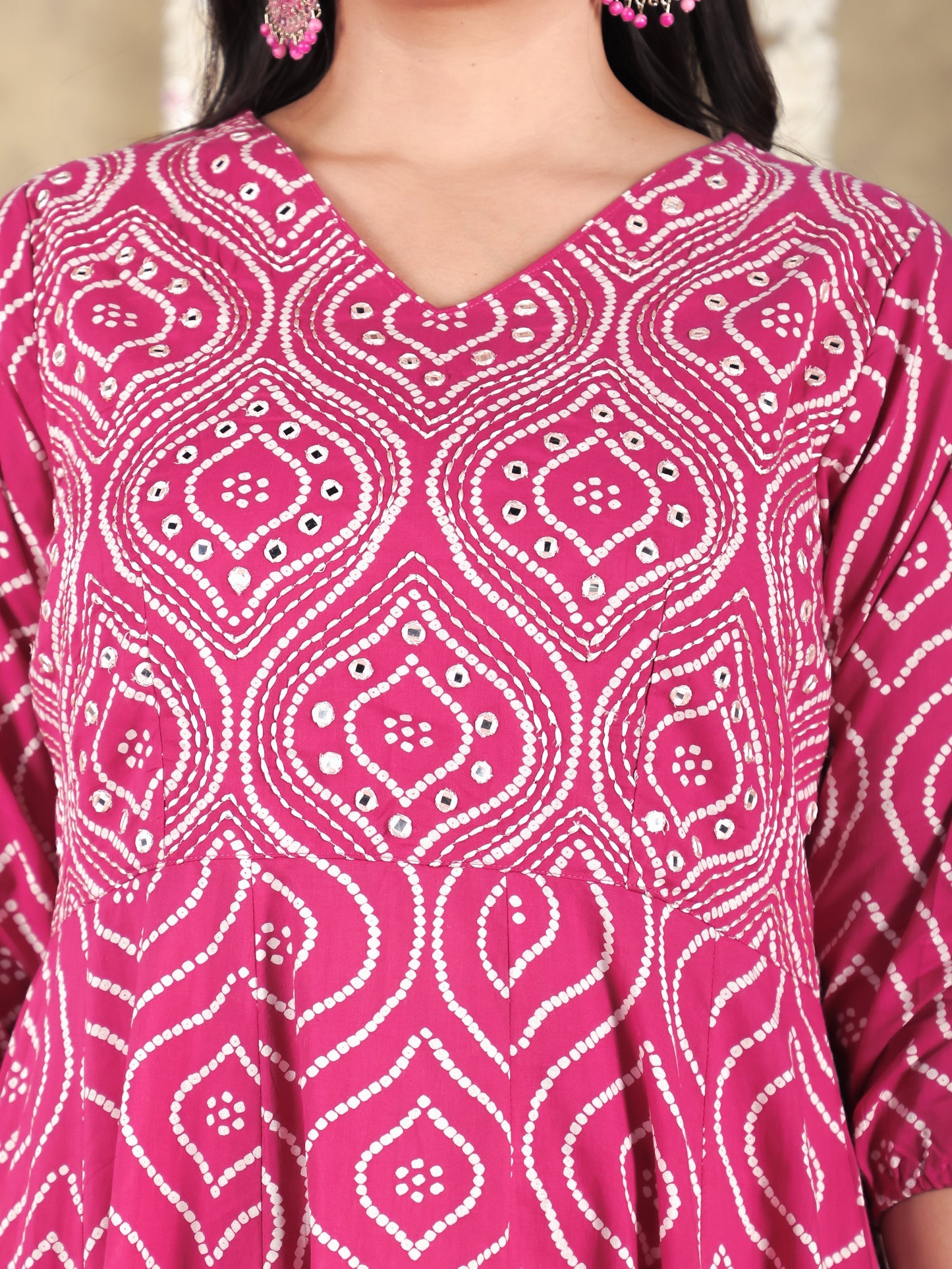 Embroidered Soft Cotton Bandhani Angrakha Pink Kurta