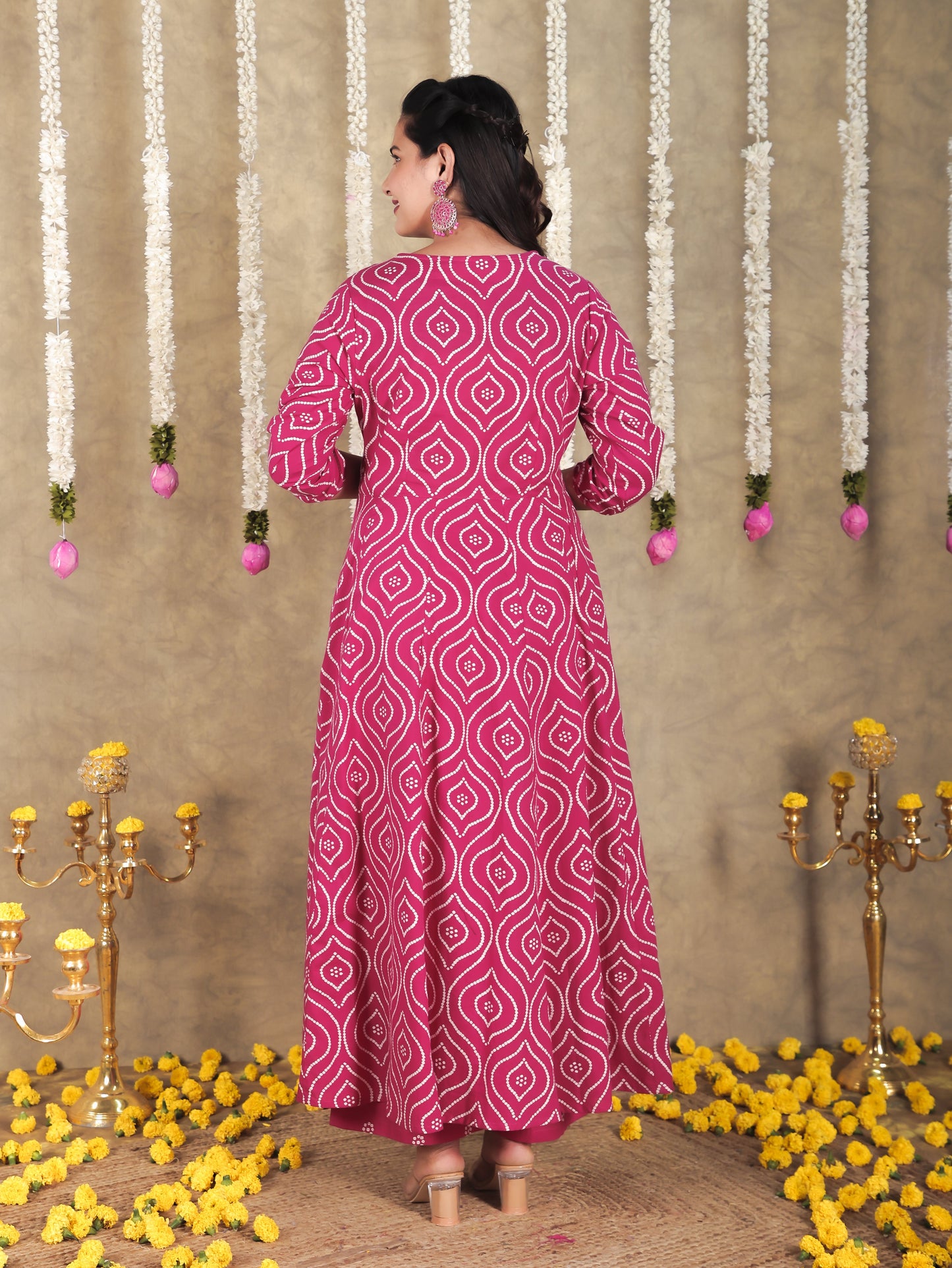 Embroidered Soft Cotton Bandhani Angrakha Pink Kurta