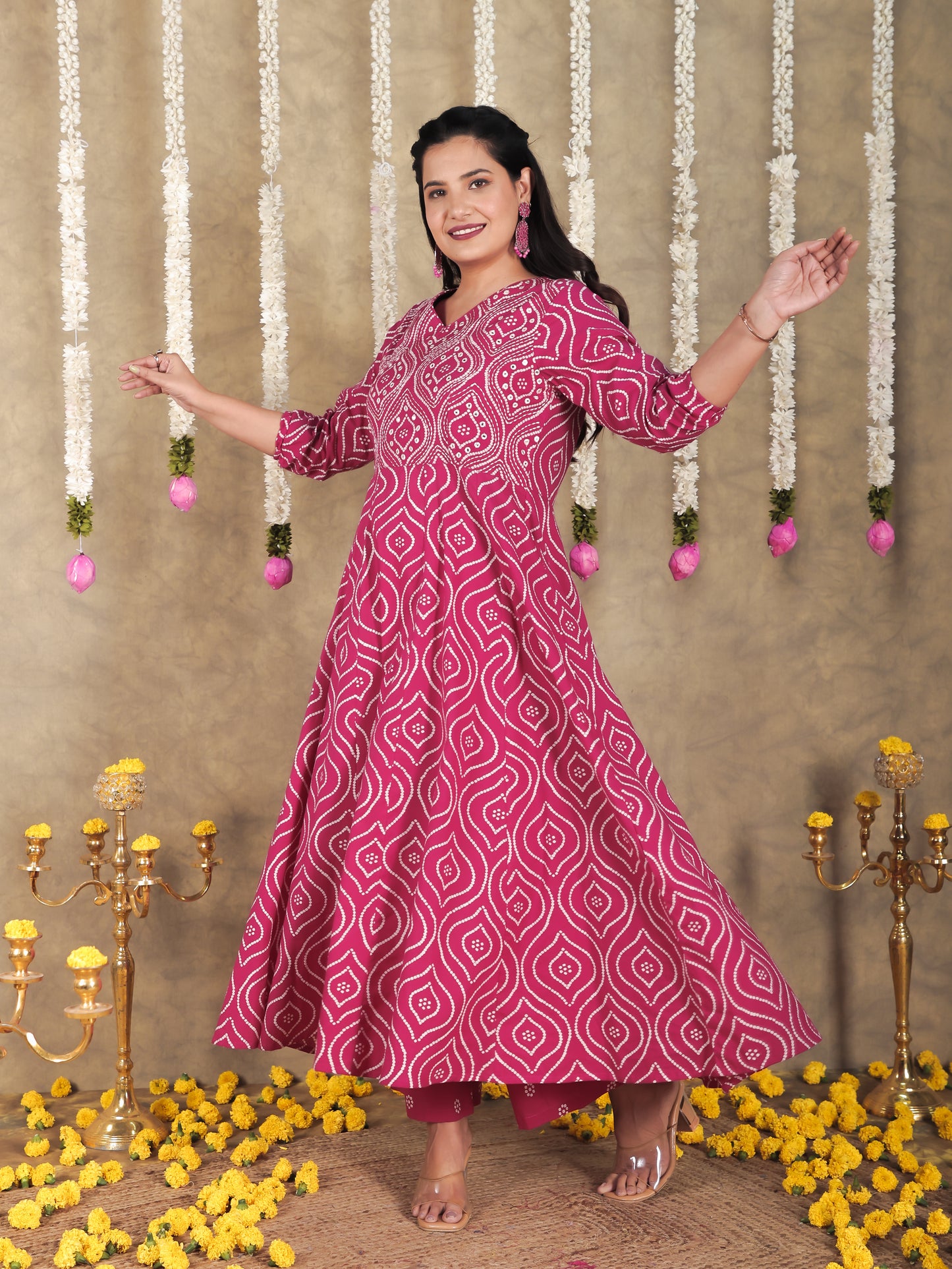 Embroidered Soft Cotton Bandhani Angrakha Pink Kurta