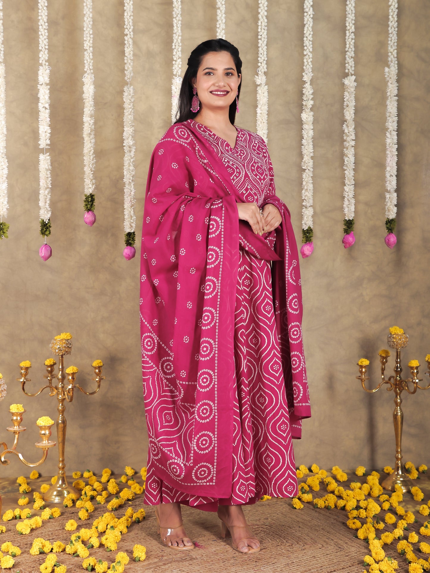 Embroidered Soft Cotton Bandhani Angrakha Pink Kurta