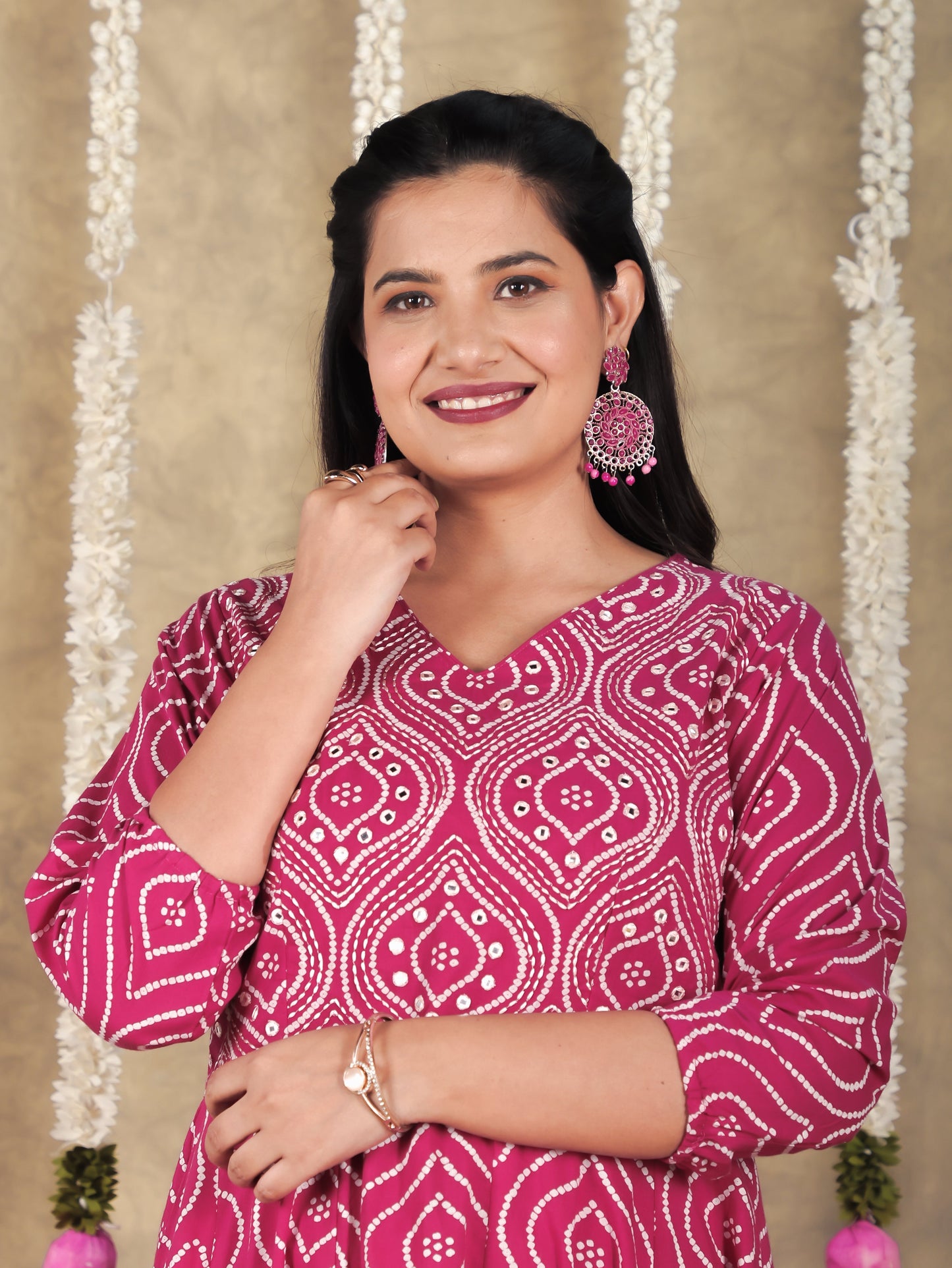 Embroidered Soft Cotton Bandhani Angrakha Pink Kurta