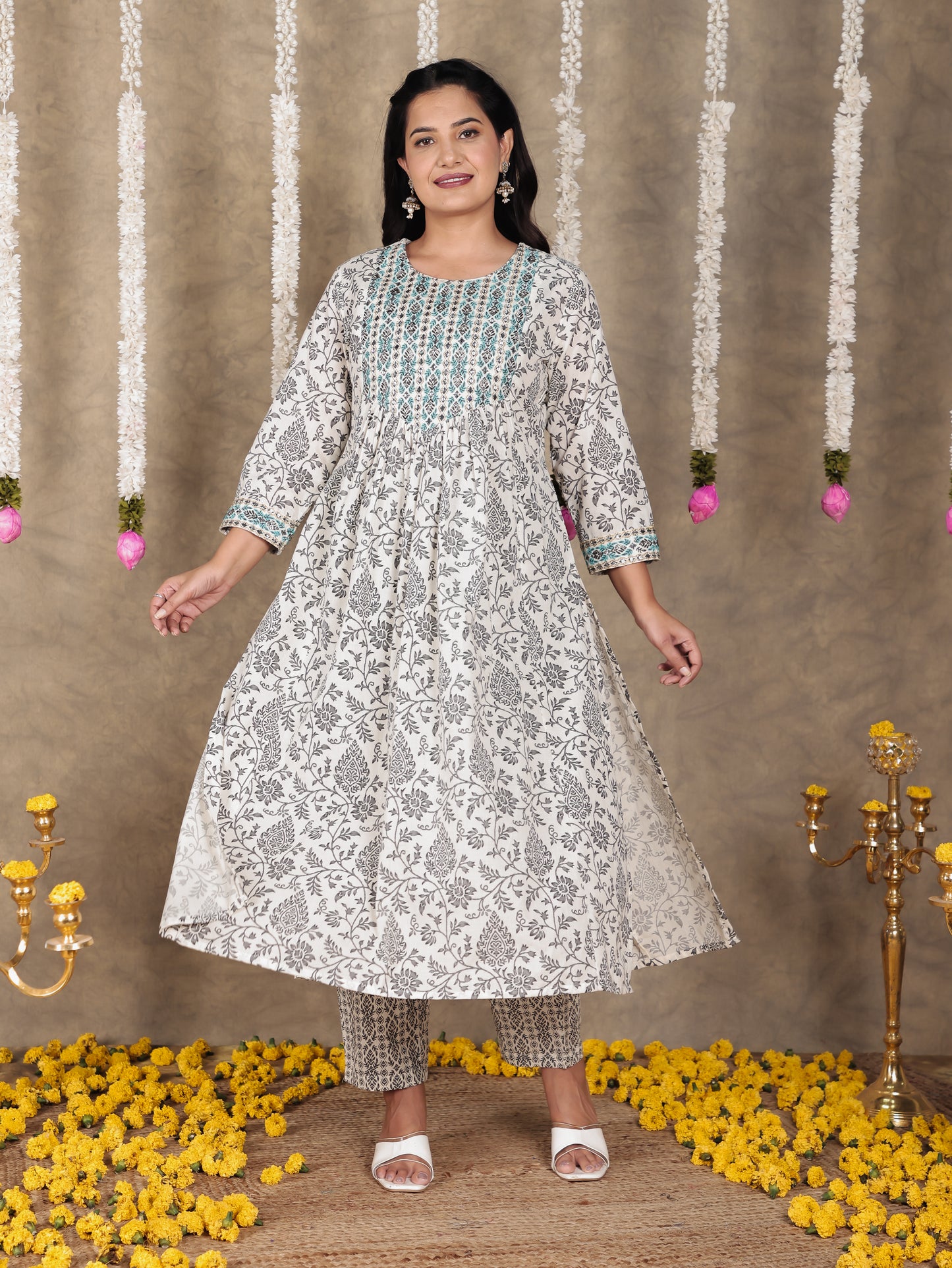 Embroidered Soft Cotton Floral A-line Off White Kurta