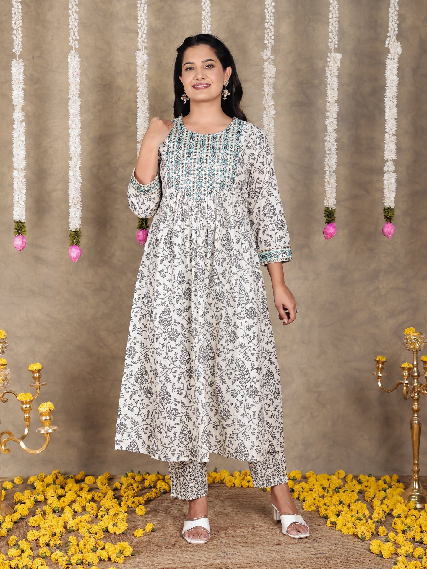Embroidered Soft Cotton Floral A-line Off White Kurta