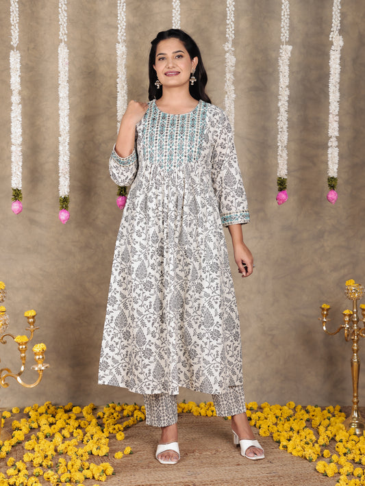 Embroidered Soft Cotton Floral A-line Off White Kurta
