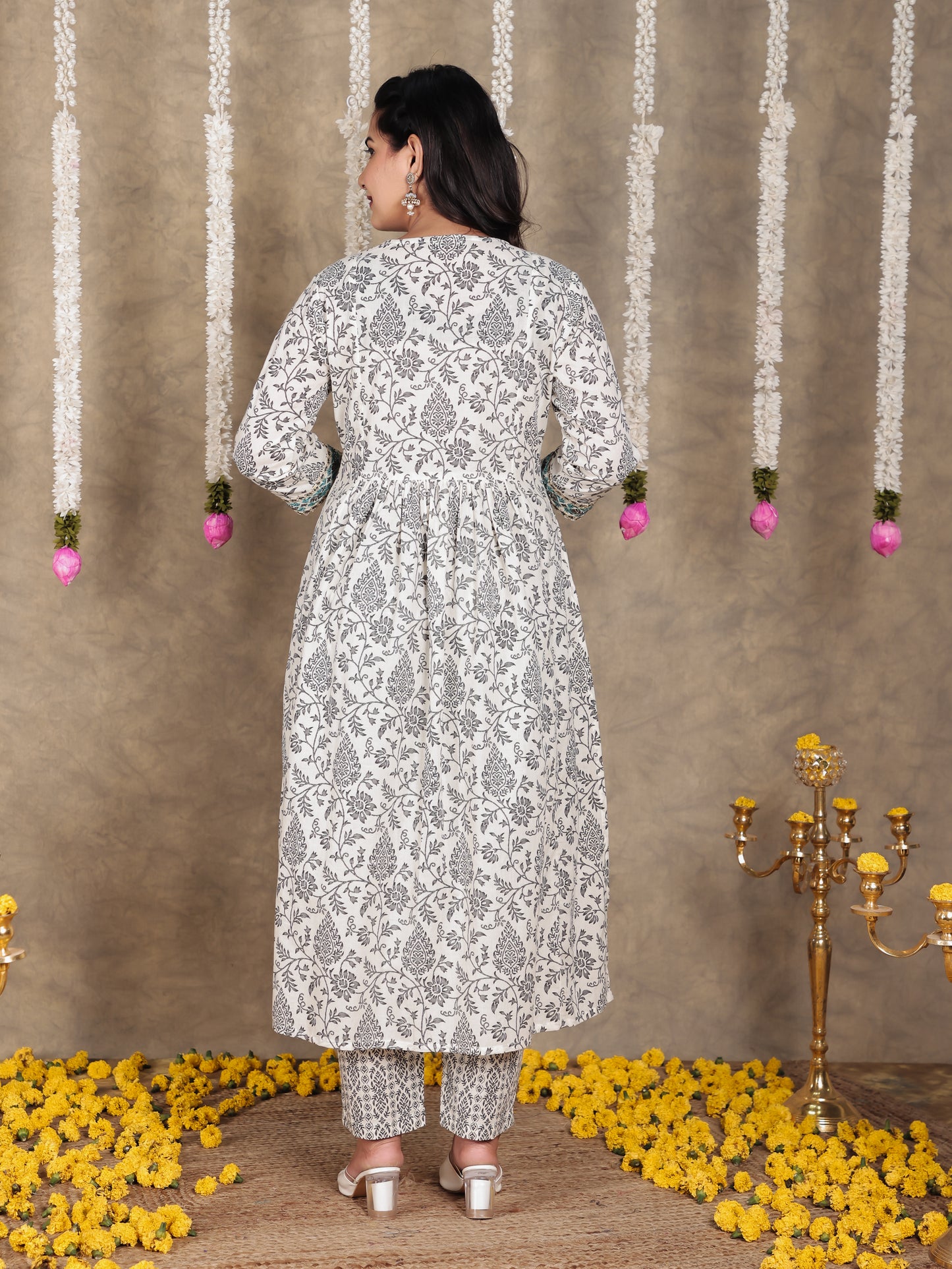 Embroidered Soft Cotton Floral A-line Off White Kurta