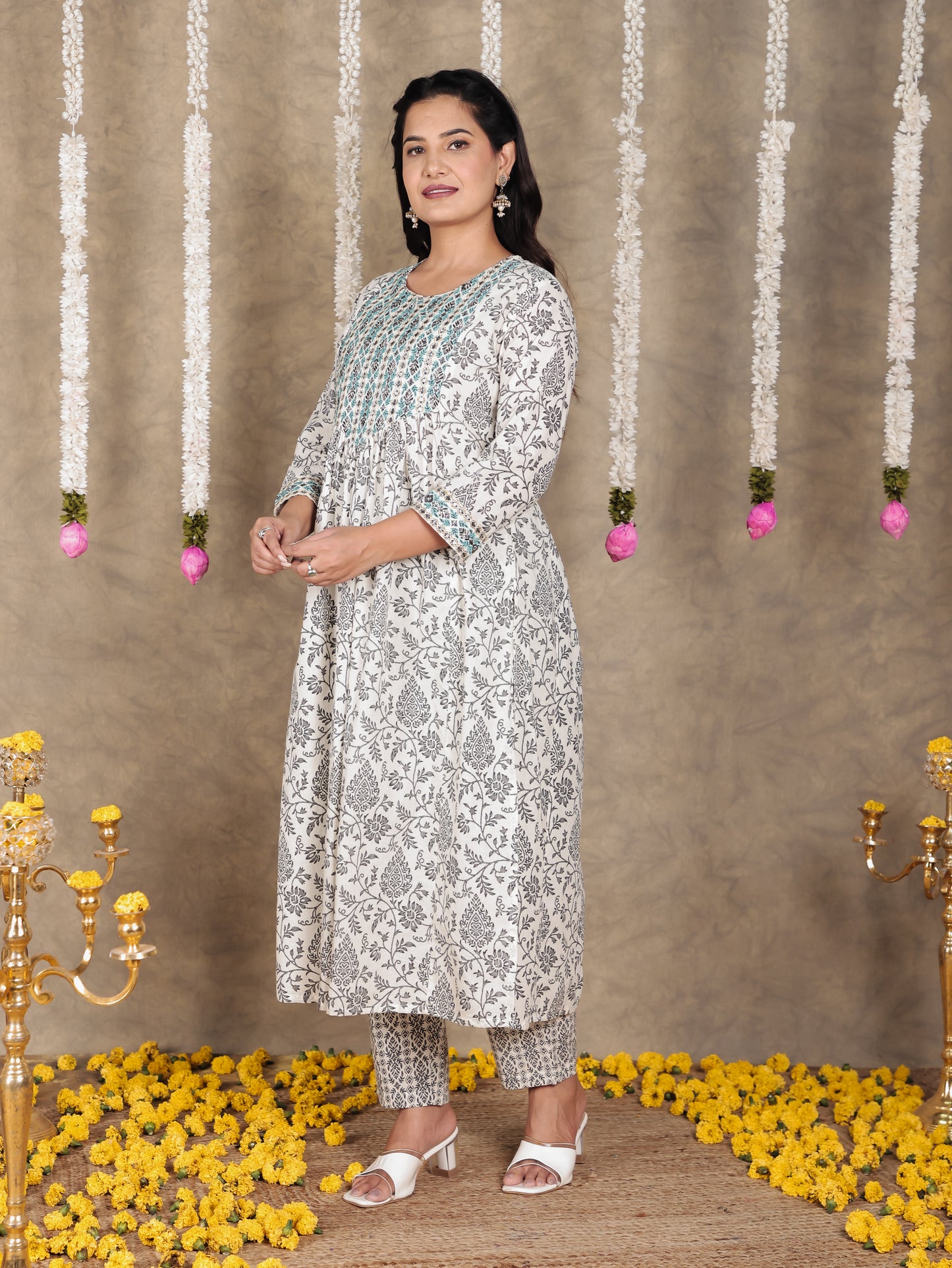 Embroidered Soft Cotton Floral A-line Off White Kurta